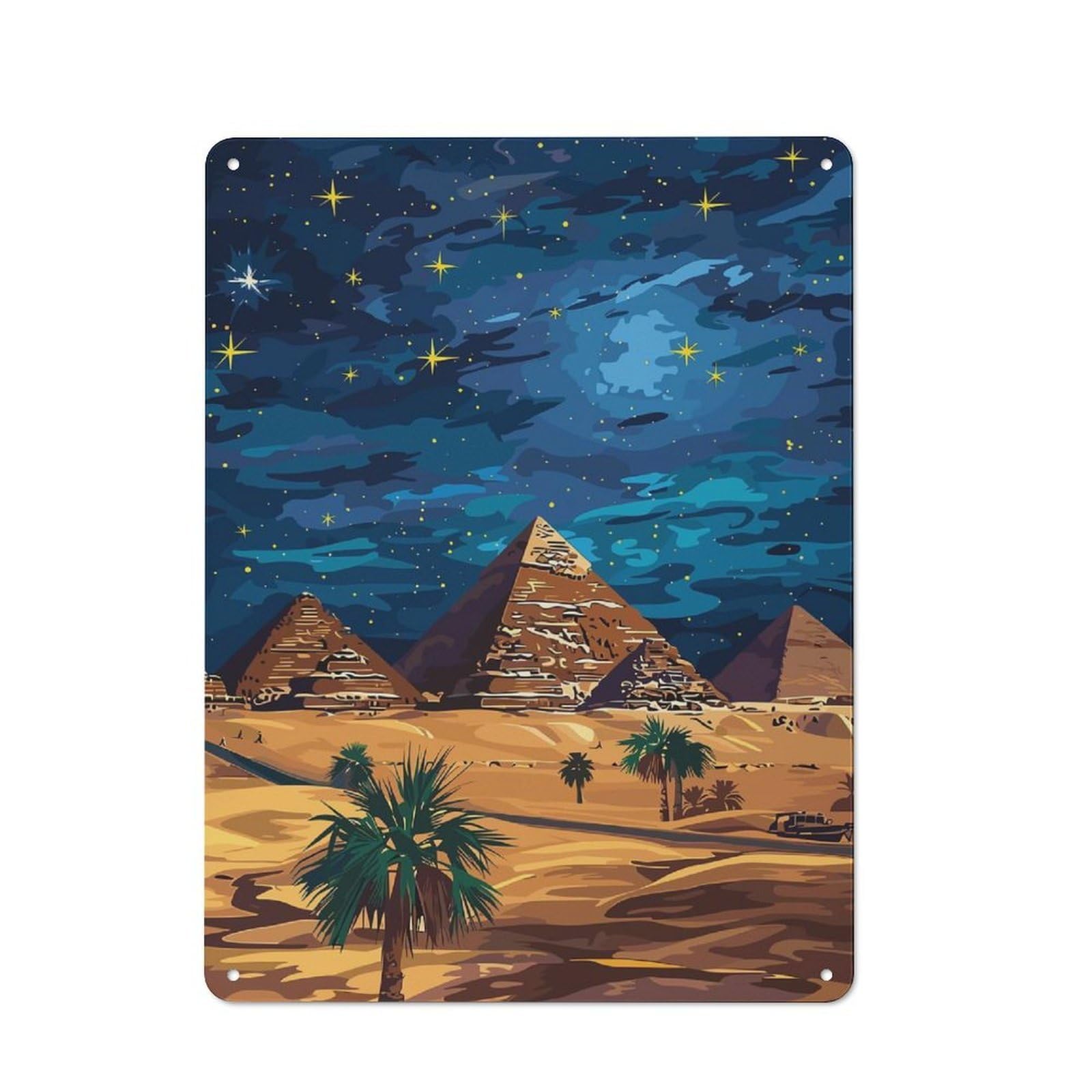 Junmoney Style-3 Egyptian Pyramids At Night Decorative Metal Wall Decor 40X30cm, Decorative Tin Plaque For Bedroom, Kitchen, Office Or Living Room