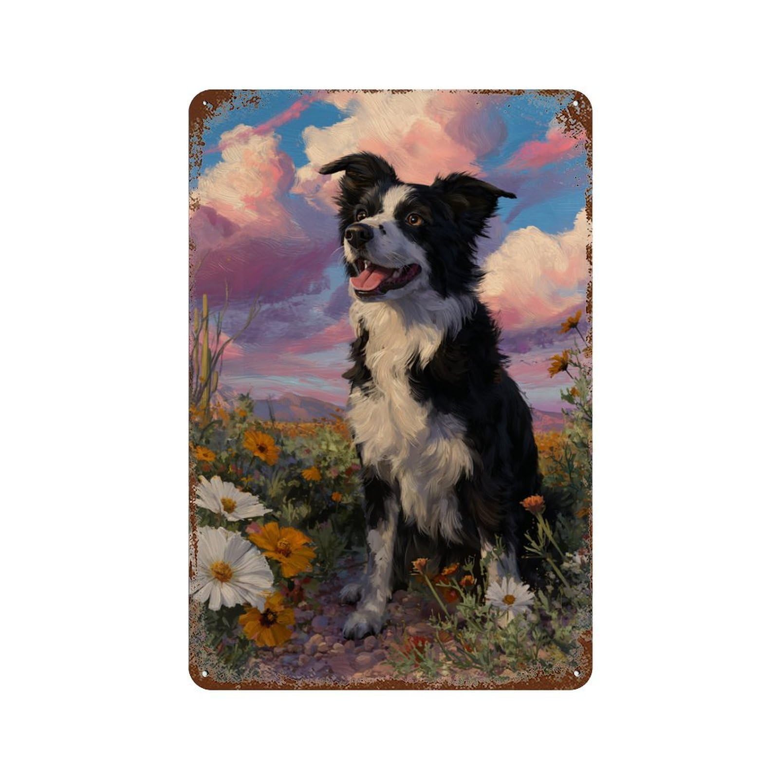 Border Collie in Wildflowers Aged Metal Wall Plaque 11.8"x7.9", for Office, Studio And Wall Decor, Novelty Wall Decor