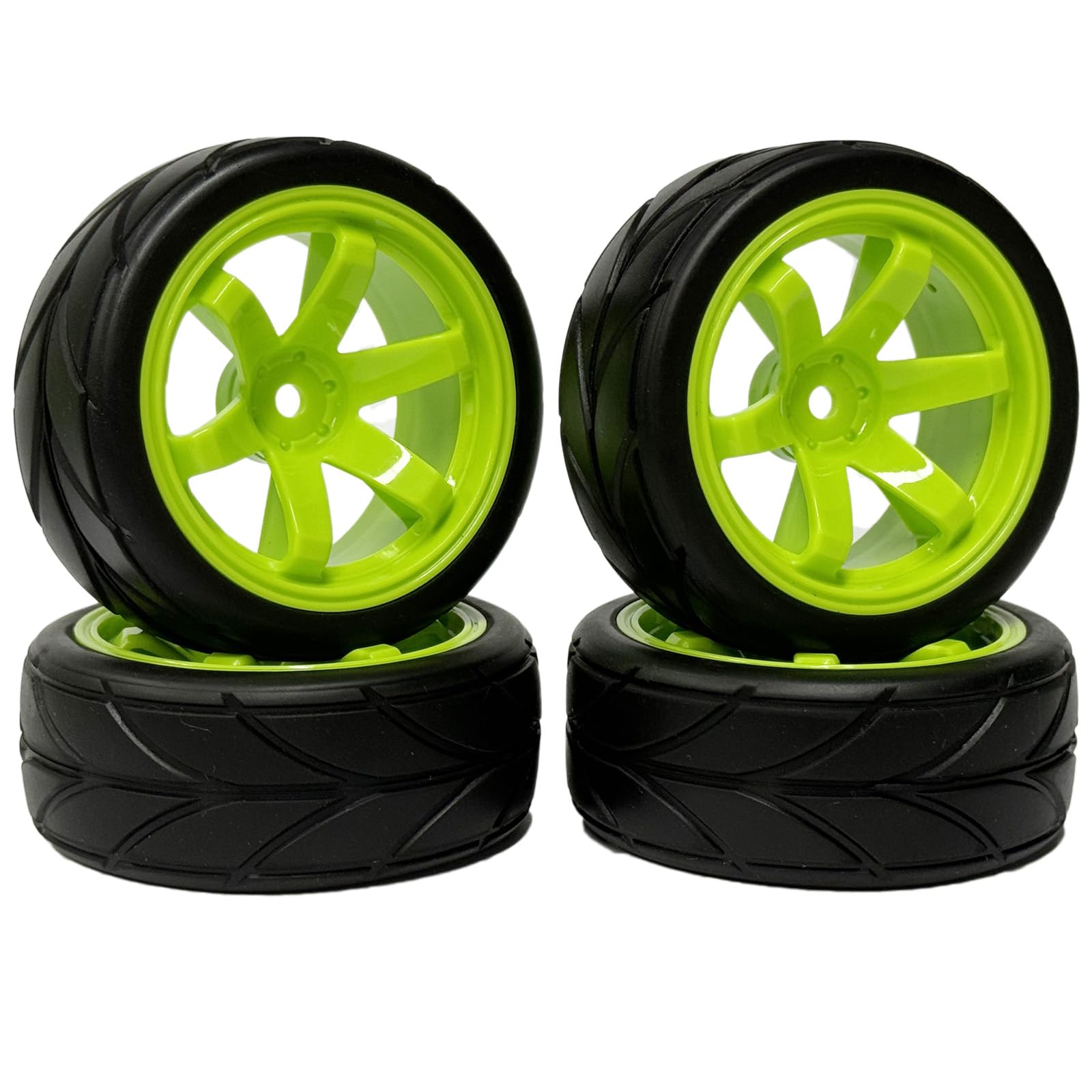 KINGCOO RC Car Tyres and Wheels Set, 4PCS 64mm Rubber Tires and Plastic 6 Holes Wheel Rims Set 12mm Hex for 1/10 RC On Road Run-flating Touring Racing Drift Car Tyre (Green) โ image 1