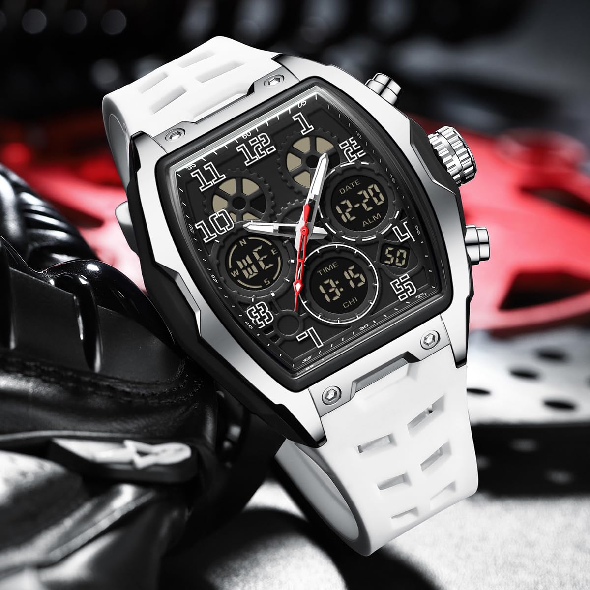 findtime Reloj digital analógico para hombre, cuadrado, único, deportivo, militar, táctico, resistente al agua, con cronómetro, alarma, cuenta regresiva, calendario luminoso, pantalla curvada