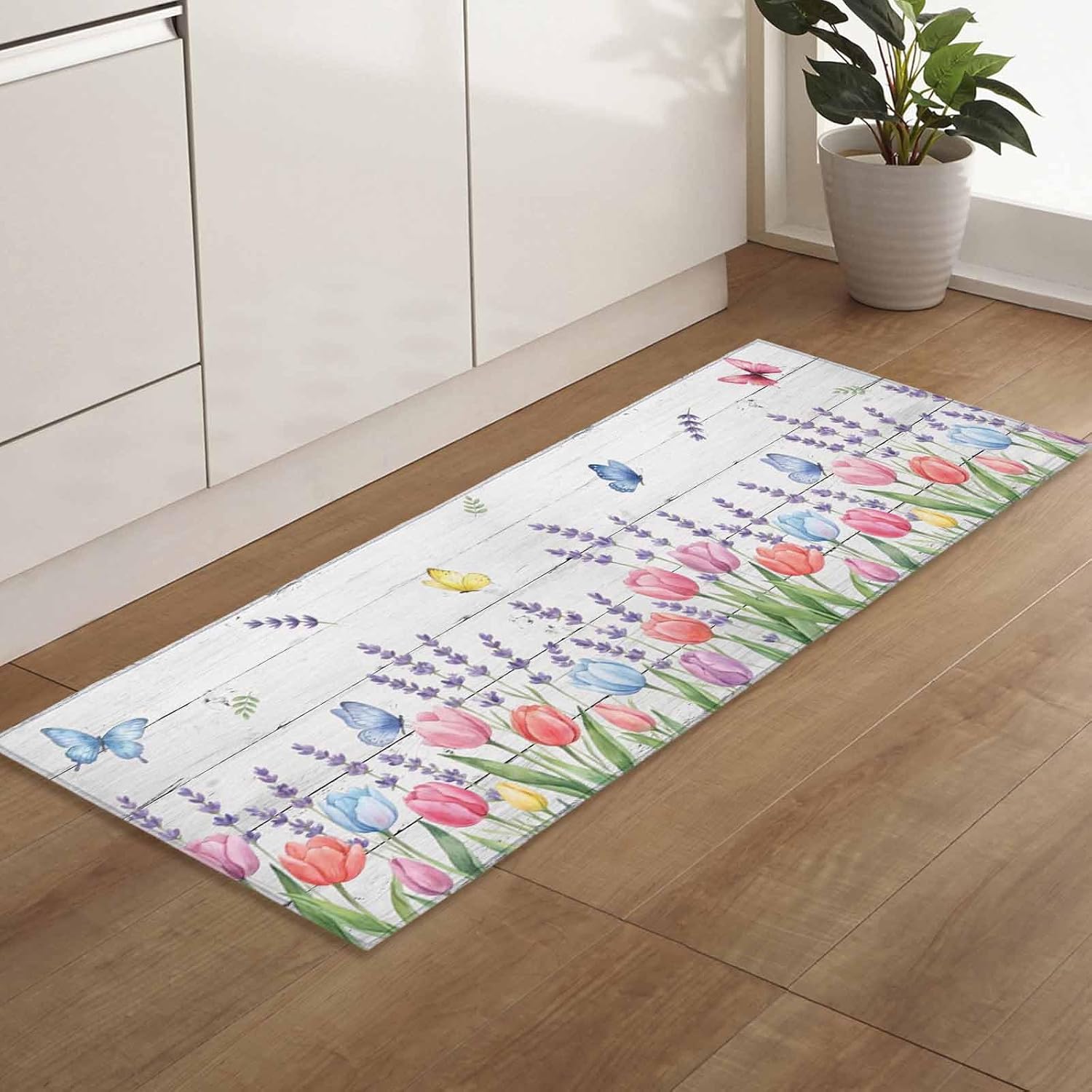 Teamery Kitchen Mats for Floor Summer Tulips Lavender Butterfly Washable Non Slip Kitchen Rugs 1PCS, Pastoral Plant Wood Plank Absorbent Standing Mats for Sink Bathroom Office Living Room 15.7x47.2in
