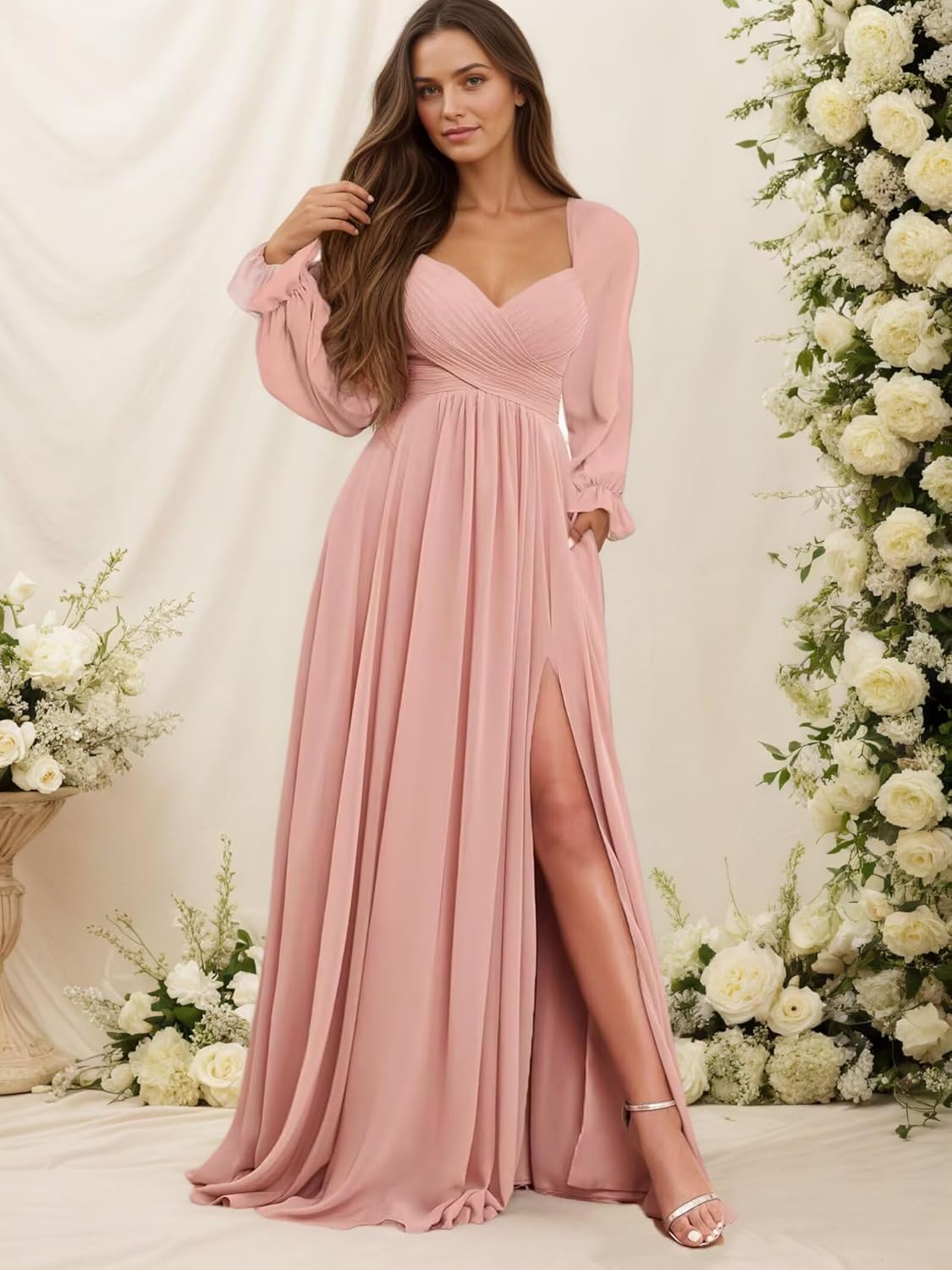 Long Sleeve Bridesmaid Dresses for Women Chiffon Pleated Formal Evening Gowns with Slit BD021