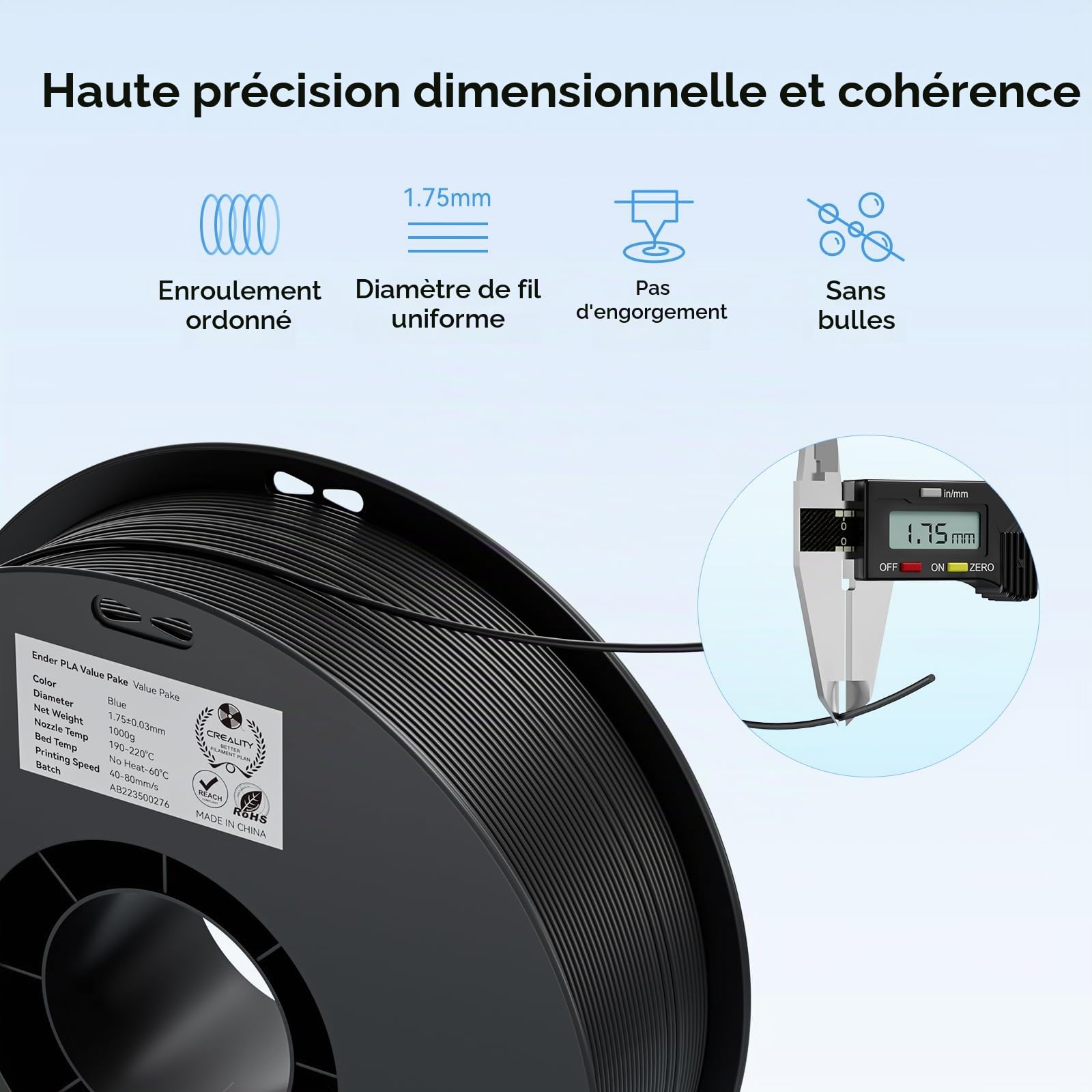 Lot de 2 filaments de 1,75 mm pour impression 3D, filament PLA économique Ender pour imprimantes 3D, sans nœuds, forte adhérence et performance de surplomb, précision dimensionnelle +/-0,02 mm, noir
