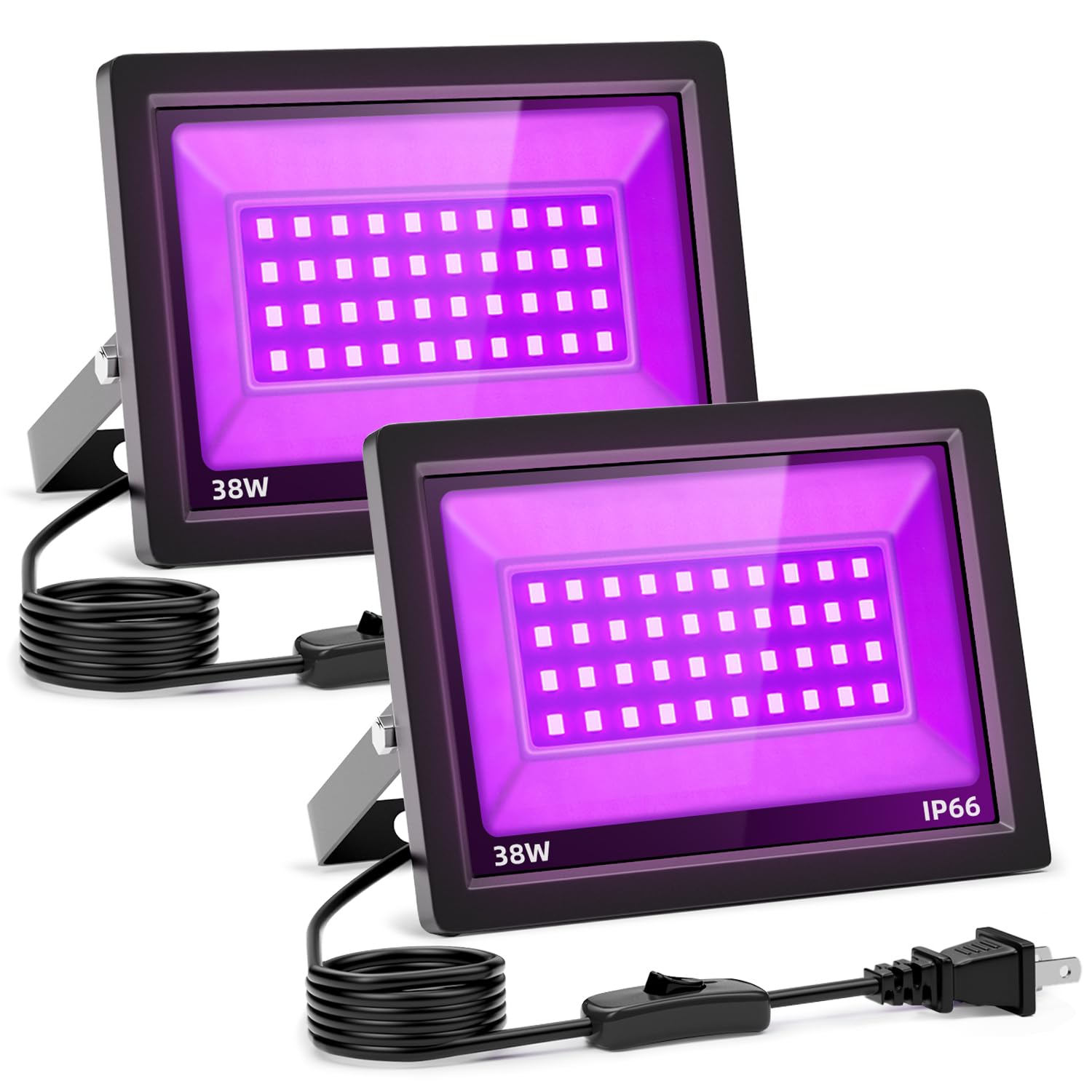 2 Pack 38W LED Black Light, Blacklight Flood Light for Glow Party IP66 Waterproof, Outdoor Black Lights with Switch&Plug for Halloween, Glow in The Dark, Neon Party, Fluorescent Poster, Birthday