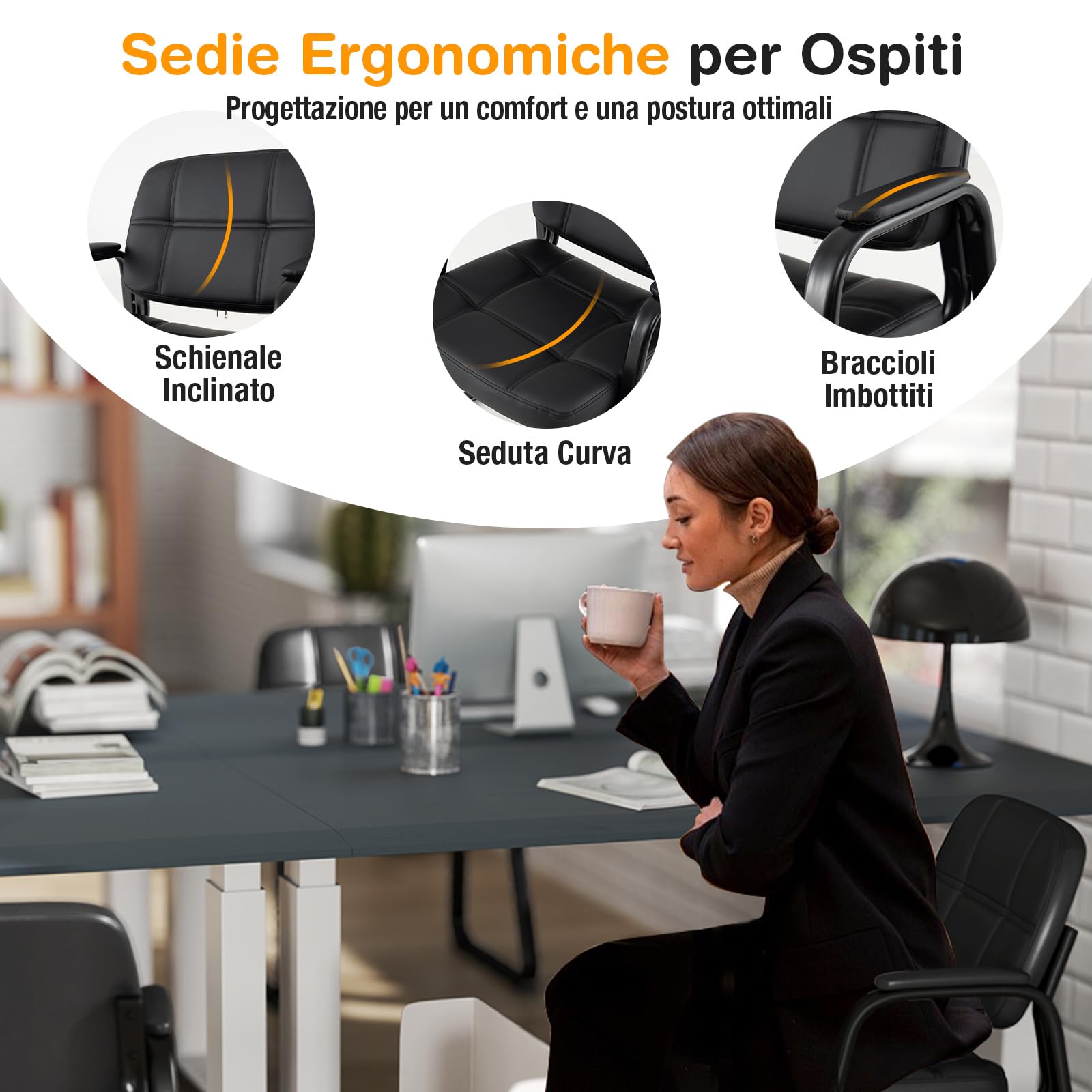 COSTWAY Set di 2 Sedie da Ufficio, Sedia per Sala d'Attesa con Struttura in Metallo, Braccioli Imbottiti, Sedia da Ospiti per Ufficio Riunioni, Portata 120 kg, Nero