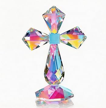 QFkris Colorful Crystal Cross Standing Decor, Religious Gifts for Women Men, Crystal Desk Cross Figurines for Home Decor, Tabletop, Shelf
