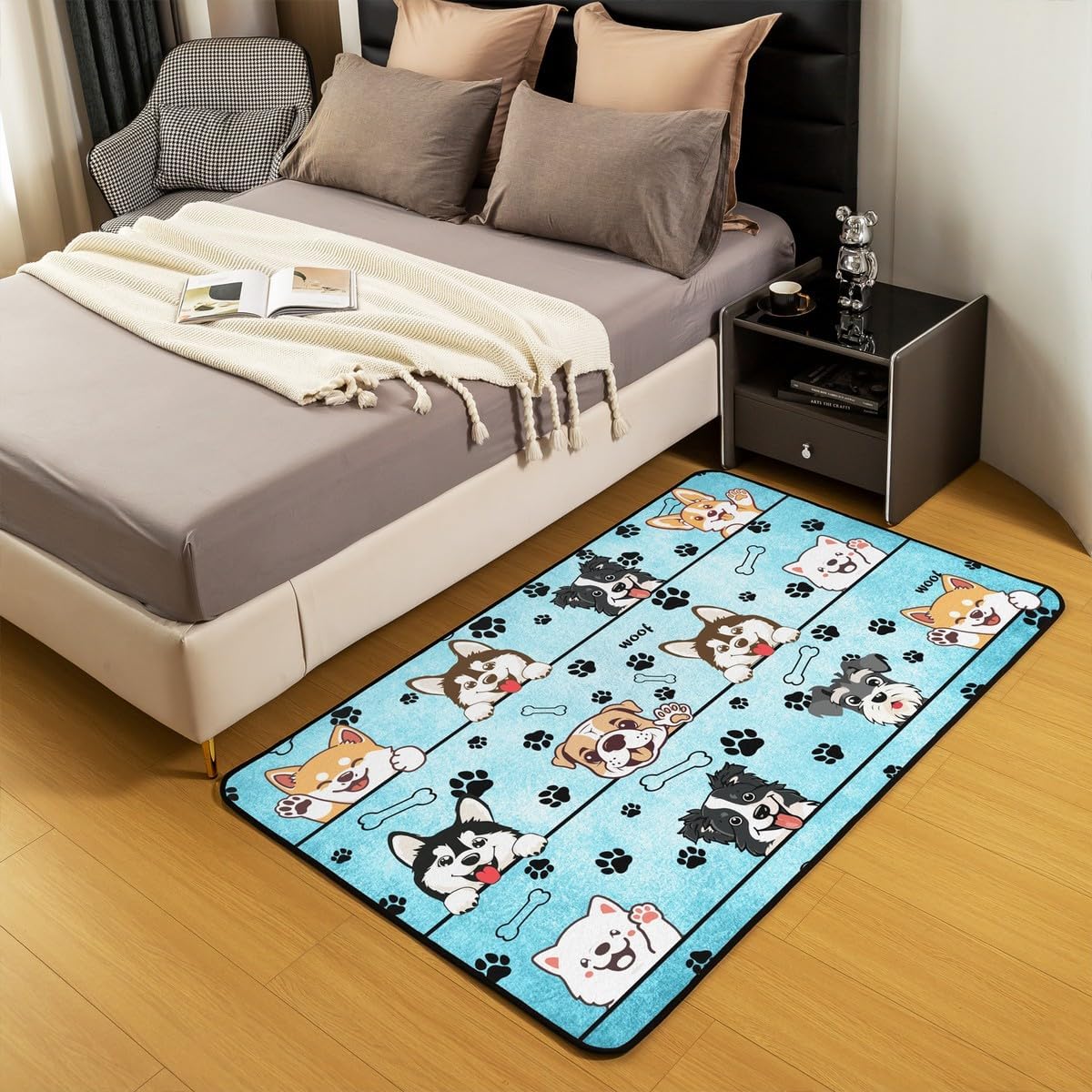 Lovely Dog Area Rug 3'x5',Cute Puppies Cartoon Animal Decor Non Shedding Rug for Kids Teen Adults,Kawaii Paw Print Blue Decorative Carpet for Playroom Bedroom Dining Room