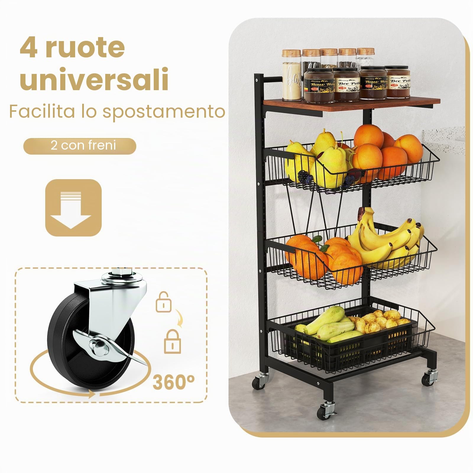 KOMFOTTEU Carrello Portafrutta e Verdura con Ruote, Cesta Mobile per Frutta con Coperchio in Legno, Carrello Ausiliare con Struttura in Metallo e Cestini Sfilabili a Maglia (3 Cestini, 40 x 31 x 88 cm