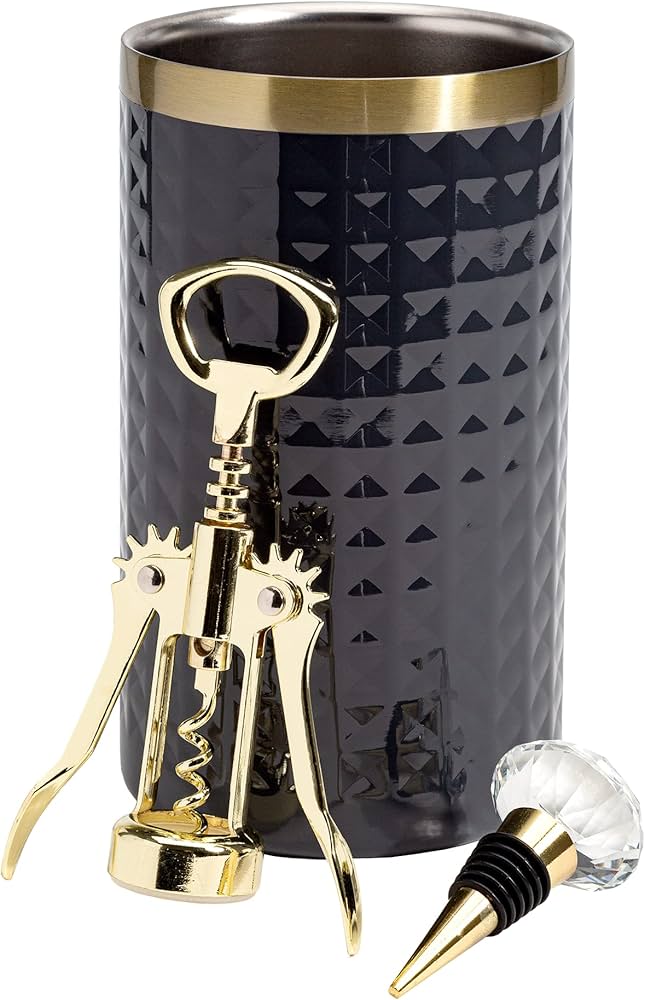 Paris Hilton Wine Bottle Chiller Set, Insulated Double Wall Chiller, Gold Winged Corkscrew Wine Bottle Opener, Diamond Wine Stopper, 3-Piece Set, Charcoal Gray