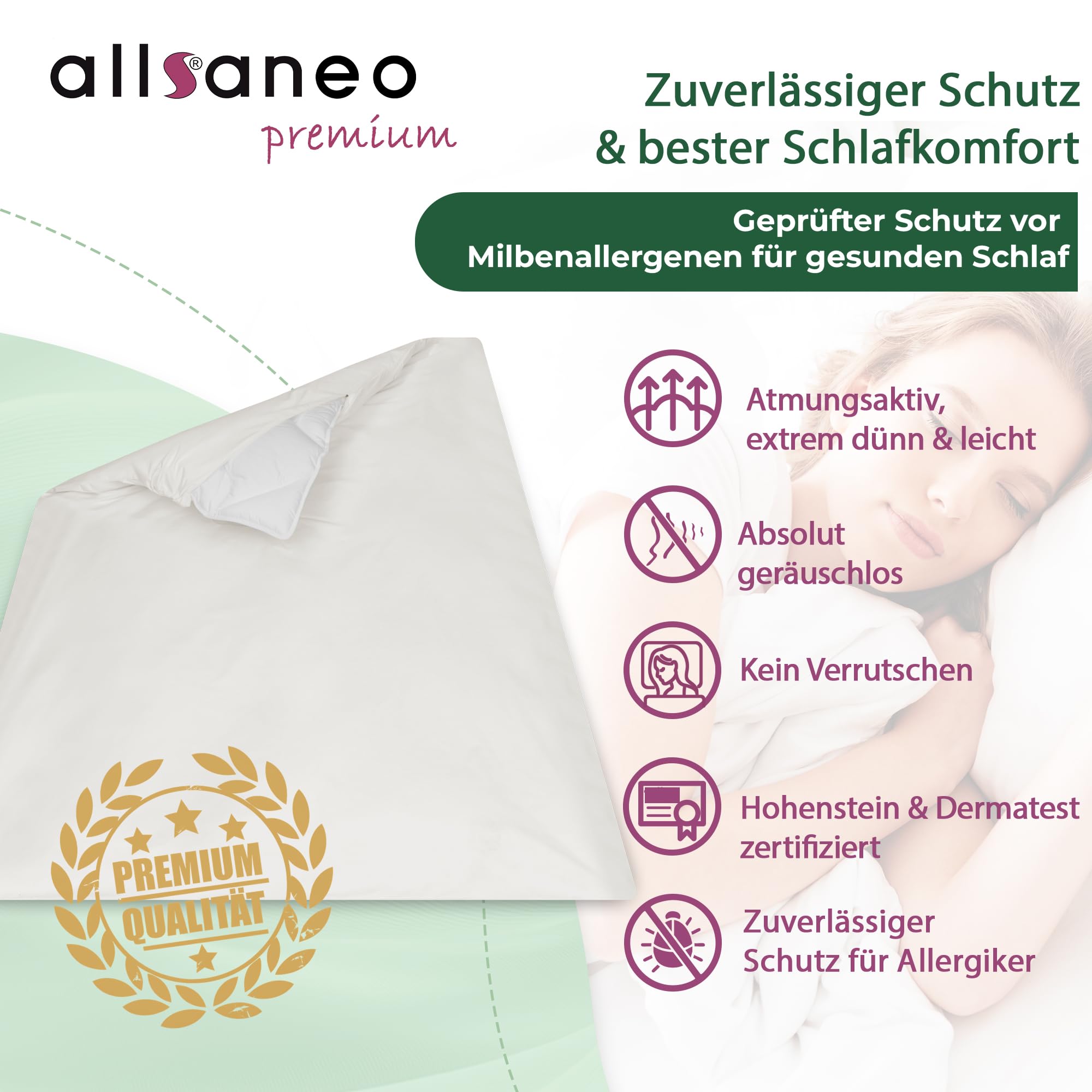 allsaneo Premium Allergiker Deckenbezug 155x220 cm | Allergie Bettwäsche extra weich und leicht | Anti Milben Encasing | Milbenschutz | allergendichter Zwischenbezug | Hohenstein Zertifiziert