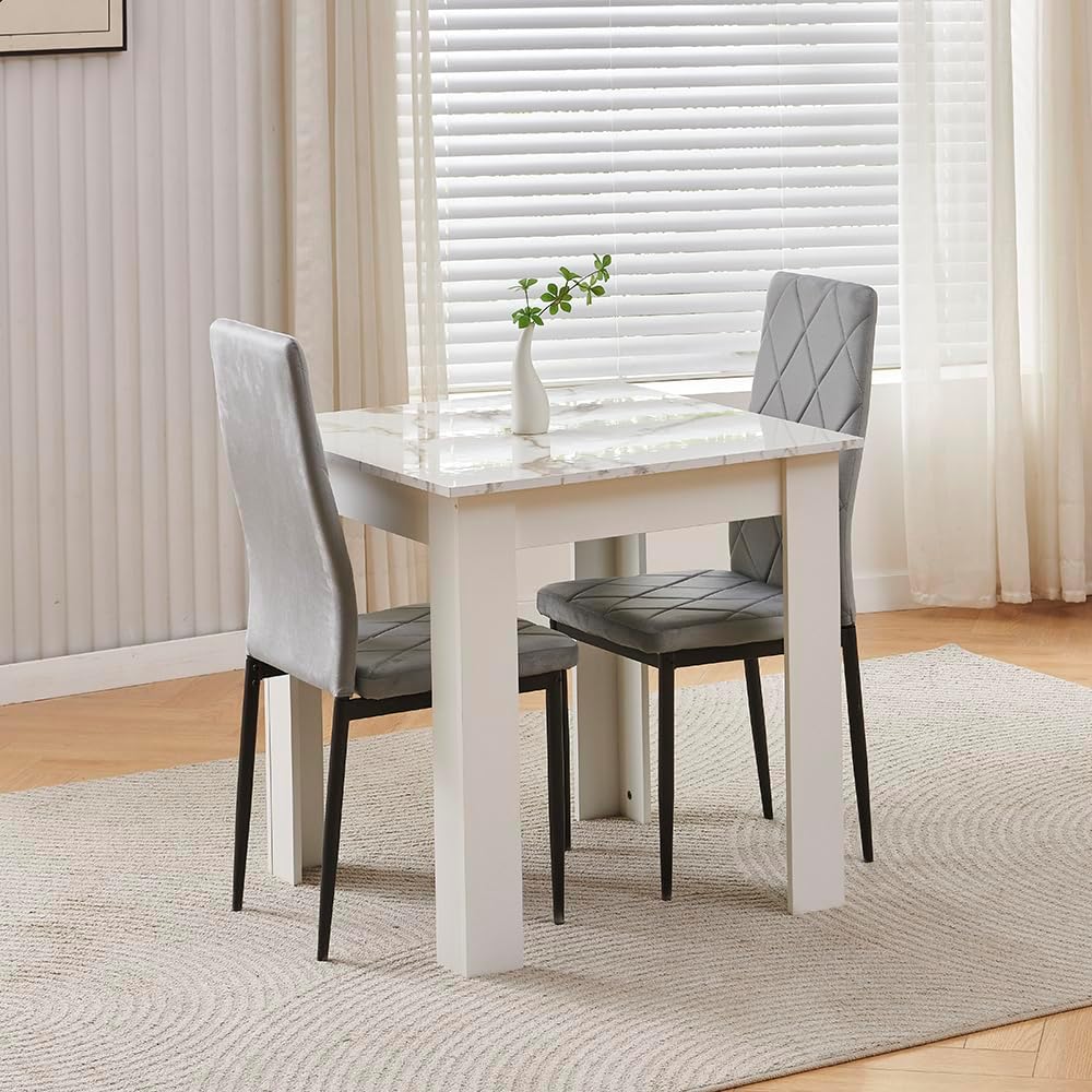 75x75 cm Small Dining Table and 2 Chairs, 2 Seater Table and Chairs Set Kitchen Dining Room Set for 2, Compact, Space Saving, Wooden, Glossing Tabletop Marble-White (2 Seats, Flannel Grey #2)