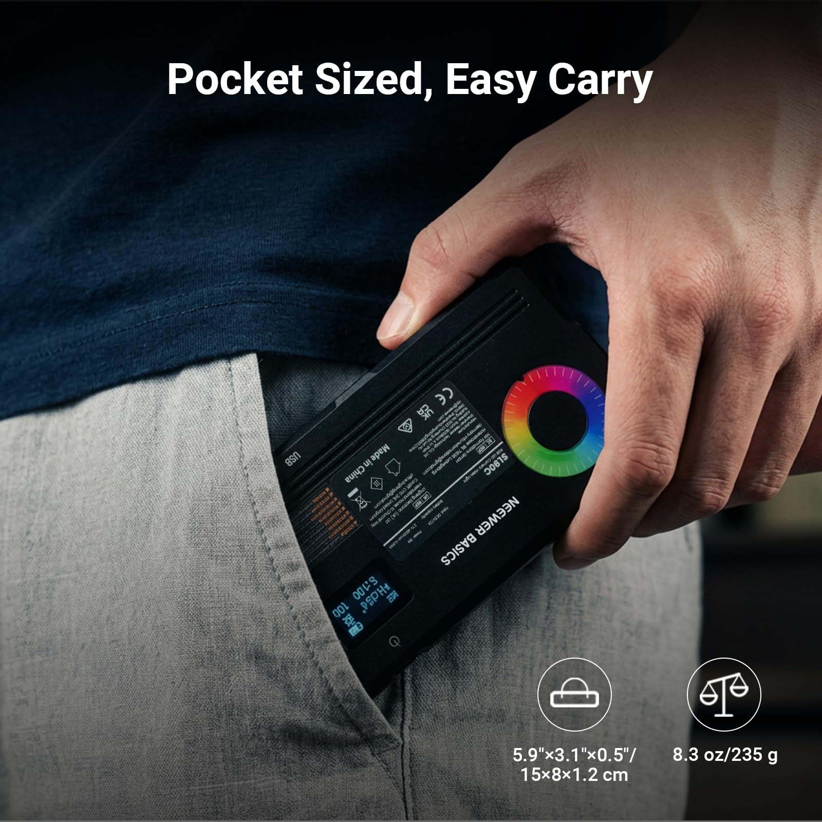 NEEWER Basics Luz Video RGB Foco Cámara, 9W 2700K-7500K Portátil Colores RGB Completos, 17 Escenas CRI97 4000mAh Recargable Panel LED Metal para Cámaras DSLR Trípode Grabación Video Streaming, SL90C