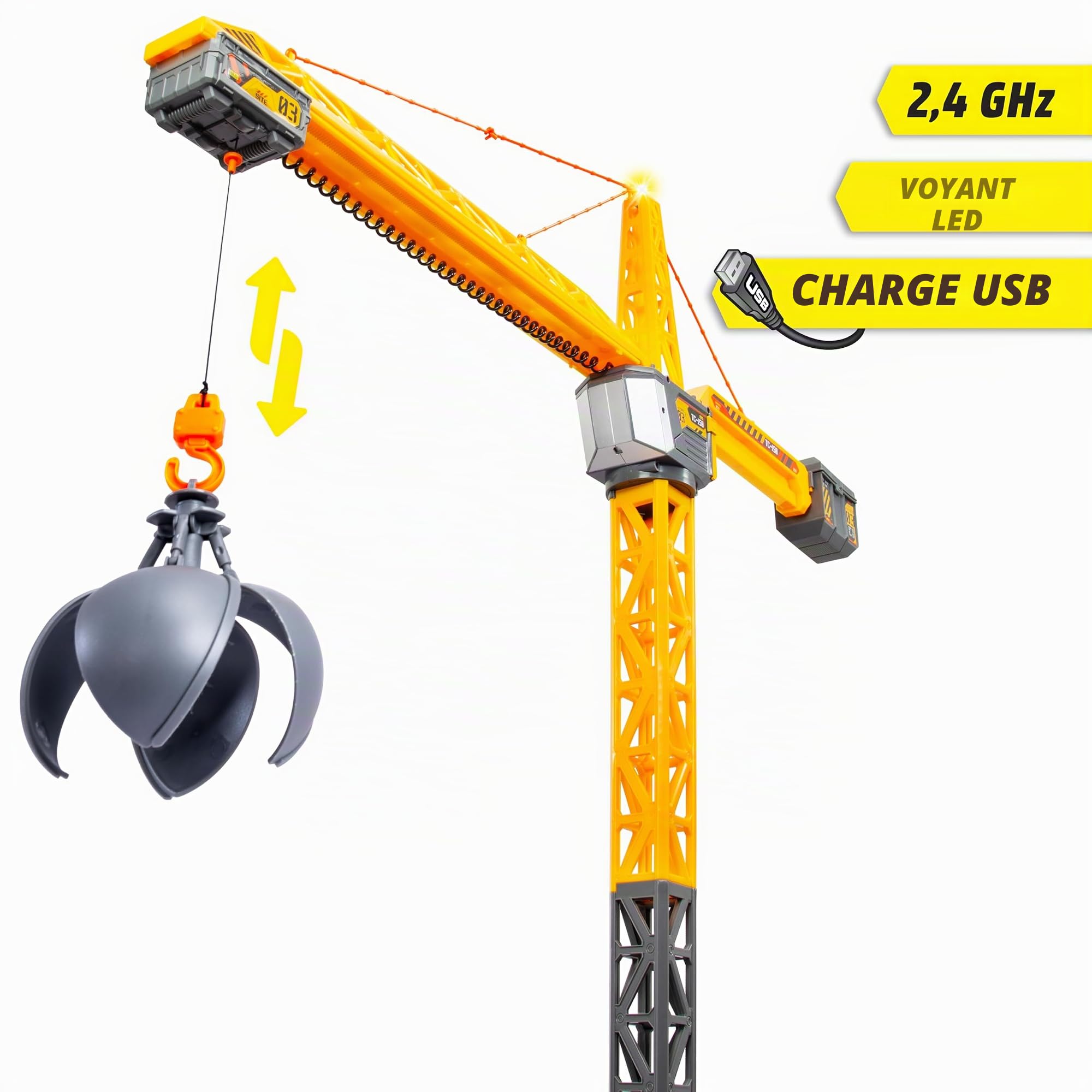 Dickie 203729025 Grue Titan Radio Control 150 cm, Pivote à 360°, Monte et descend avec lumière et USB, Accessoires Inclus, Jouet de Construction, à partir de 3 Ans
