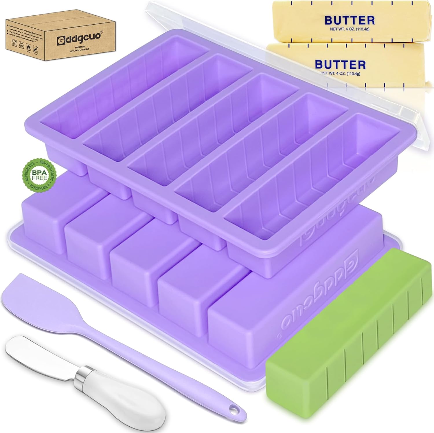 Silicone Butter Molds with Spatula and Lid, Non-Stick Butter Tray with Butter Knife, Reinforced Steel Frame Inside, Perfect for Making 5 Standard 8 Tbsp Butter Sticks, Energy Bar, 2 Pcs