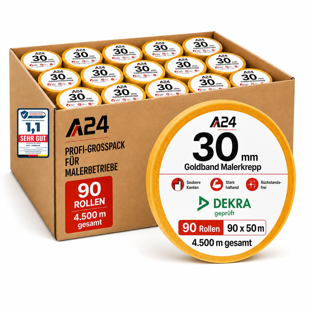 A24 Goldband Malerkrepp 30mm x 50m – Maler Klebeband, Washi Tape 90er Pack | Großpackung, Malerklebeband Abdeckband Innenbereich, Abklebeband für saubere, präzise Farbkanten