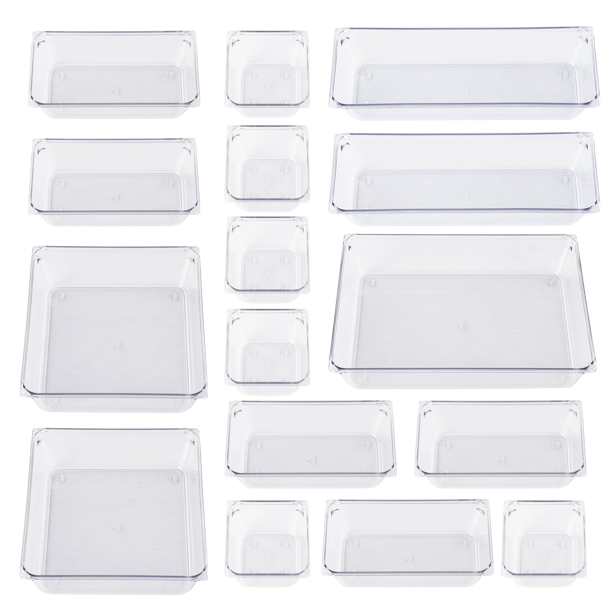 HAOYULUO 16 piezas Organizador de Cajones, 5 tamaños, Organizadores de Cajones de Plástico Transparente,Se utiliza en oficinas, tocadores, cuartos de baño, armarios, roperos y cocinas.