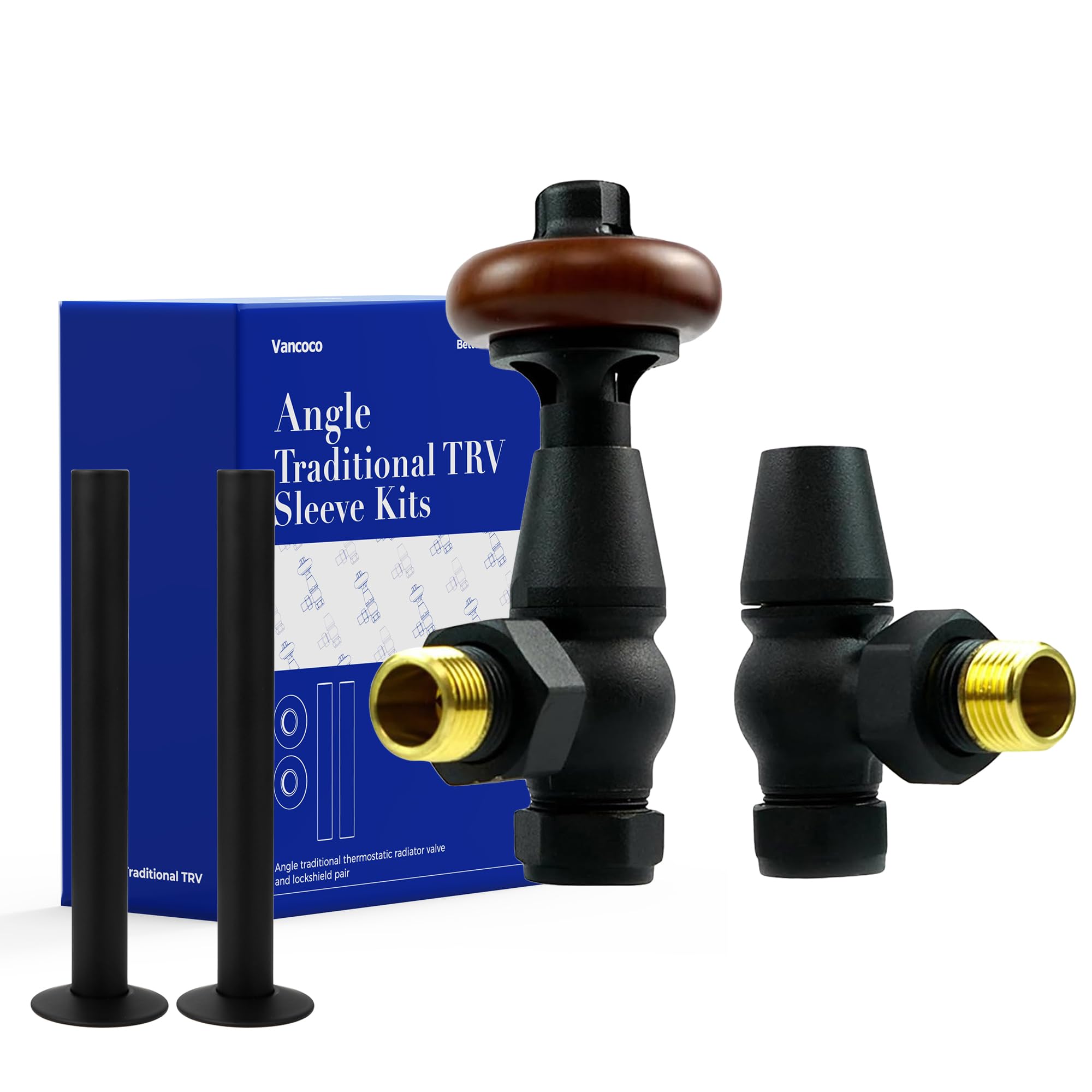 VANCOCO Traditional Matte Black Angled Radiator Valves 1/2"×15mm + 130mm×15mm Radiator Pipe, Brass Thermostatic Radiator Valve, Cast Iron Antique Thermostat TRV Pair with Solid Wood Handwheel — image 1
