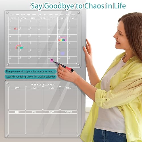 Miniatura 7 de Calendario acrílico para refrigerador, 2 juegos de calendario magnético para refrigerador, calendario mensual y semanal acrílico para pared,