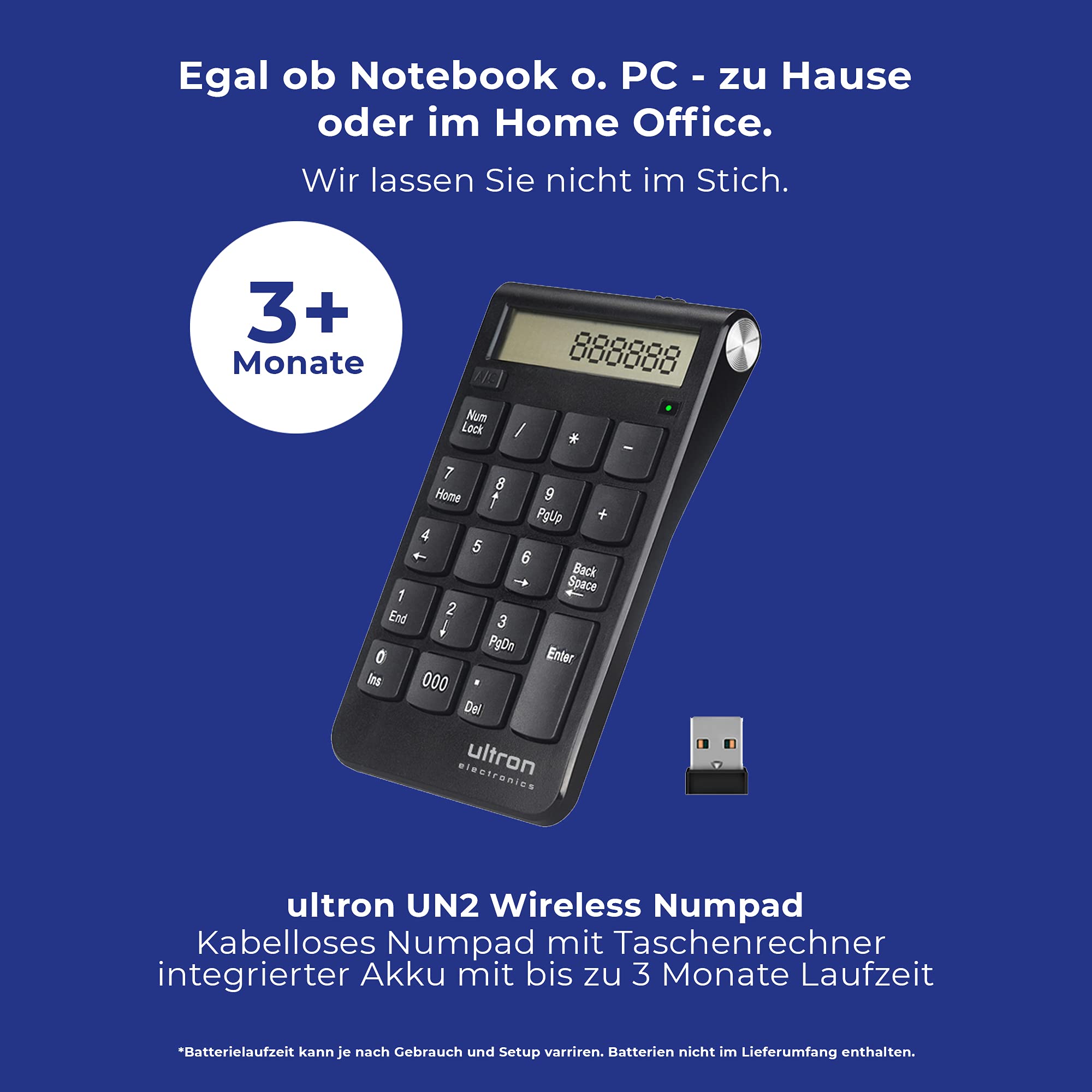 Ultron Numpad - Blocco numerico UN2, 2,4 GHz, calcolatrice USB Senza Fili, Numpad Wireless con Funzione Multi-Funzione 20 Tasti, Tastiera con Display per MacBook, PC e Laptop