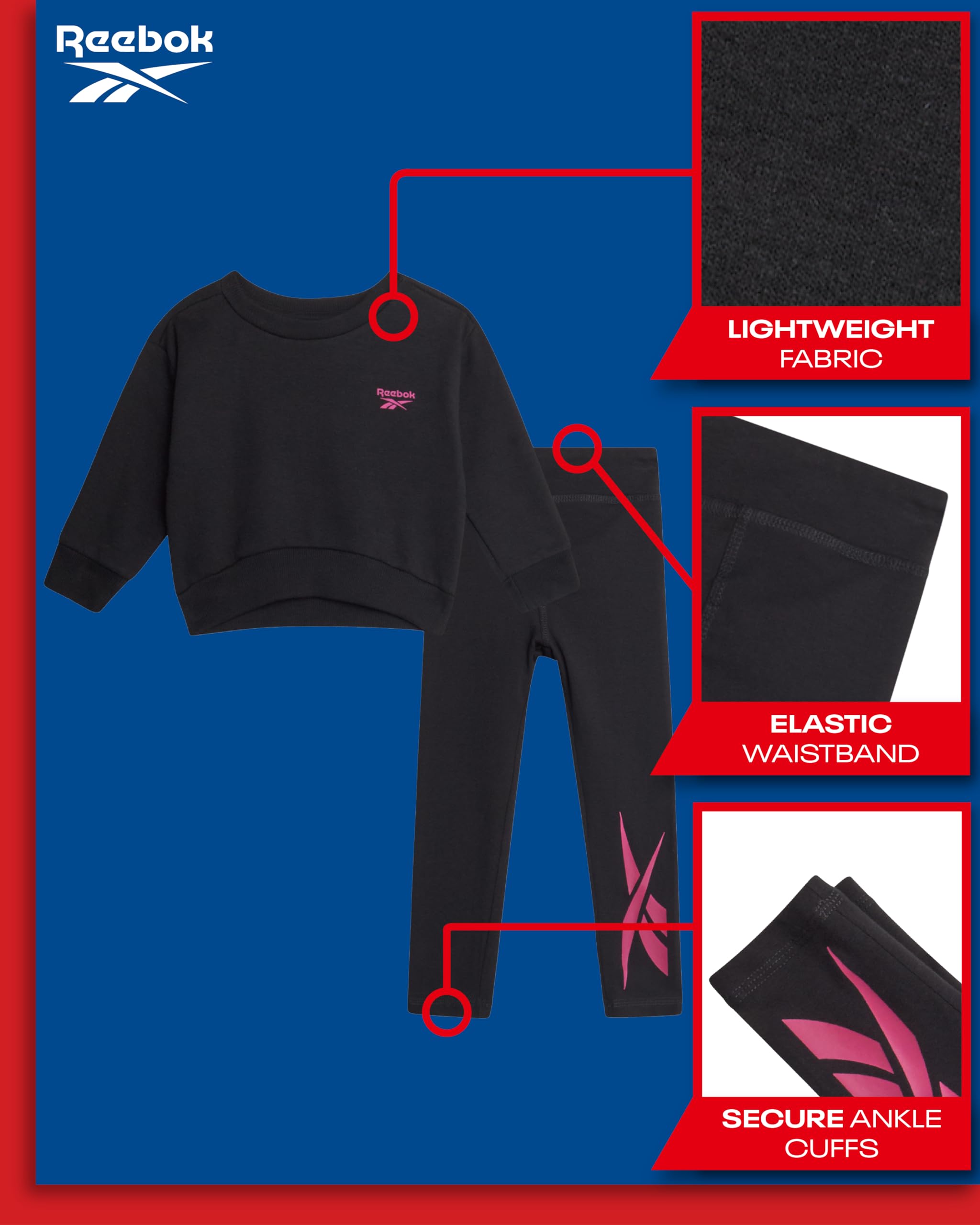 Reebok Set di pantaloni per bambine – 2 pezzi felpa girocollo in pile e leggings per bambine e bambine