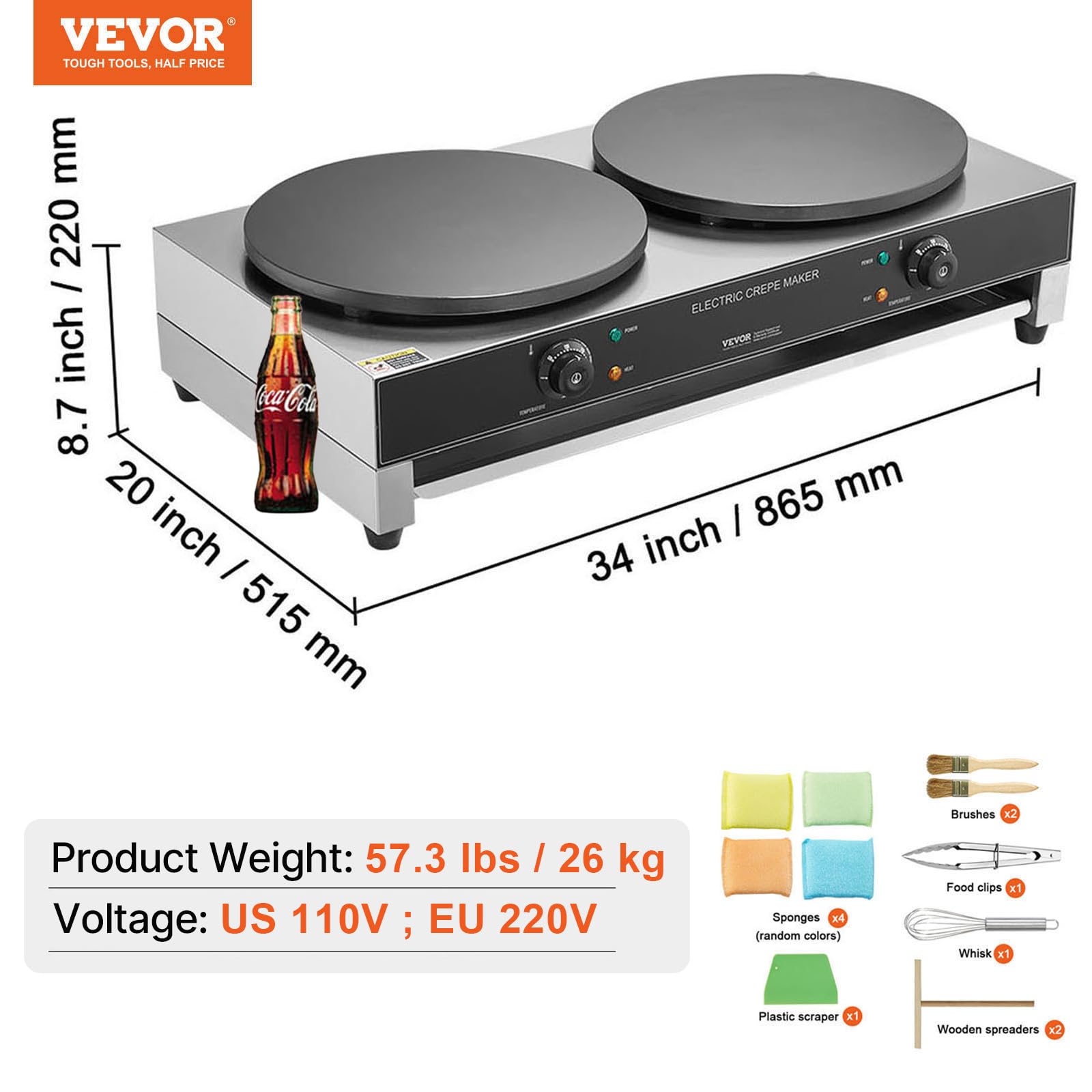 VEVOR Crepiera Elettrica, Macchina per Crepes Commerciale a Doppia Testa 406 mm, Piastra Crepes Piastra Piana 6000 W, Macchina in Acciaio Inox Antiaderente, Fornello Circolare, Senza Spina