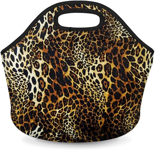Bolsa de almuerzo de neopreno con estampado de piel de leopardo, suave, lavable, reutilizable, aislada, ligera, para preparación de comidas, para