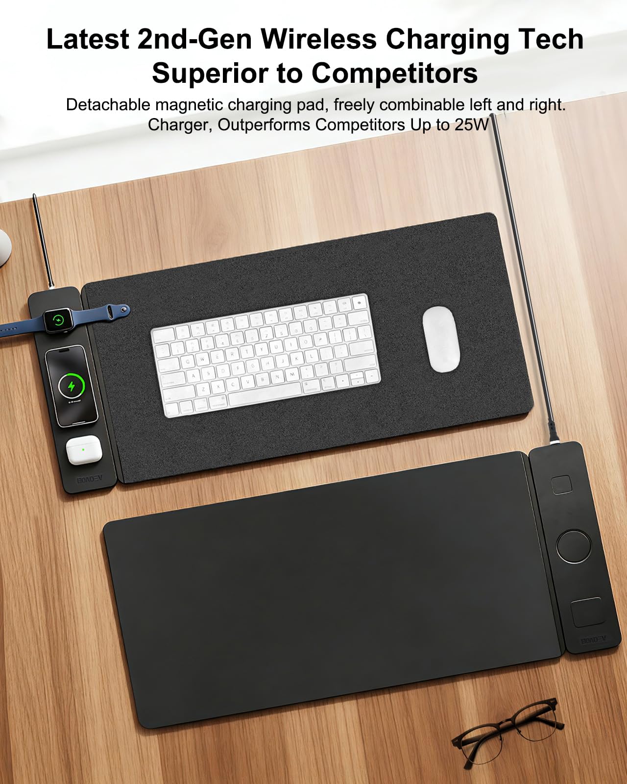3-in-1-Mauspad der 2. Generation, kabelloses Schnellladen, große wasserdichte Schreibtischunterlage, magnetisches abnehmbares Panel, Jacquard-Stoffgummiunterseite, für Büro und Gaming