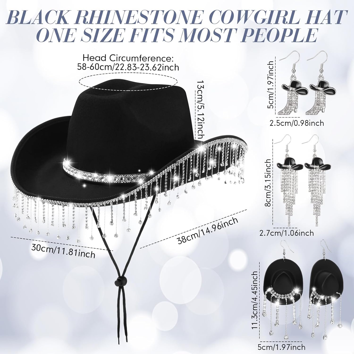 6 Pcs Cowgirl Hat Black Rhinestone Set 3 Cowboy Hat with Fringe 3 Western Earring Bling Diamond Fringe Cowboy Cap for Bachelorette Party Cosplay Costume Wedding Bridal Shower Favor - Image 3