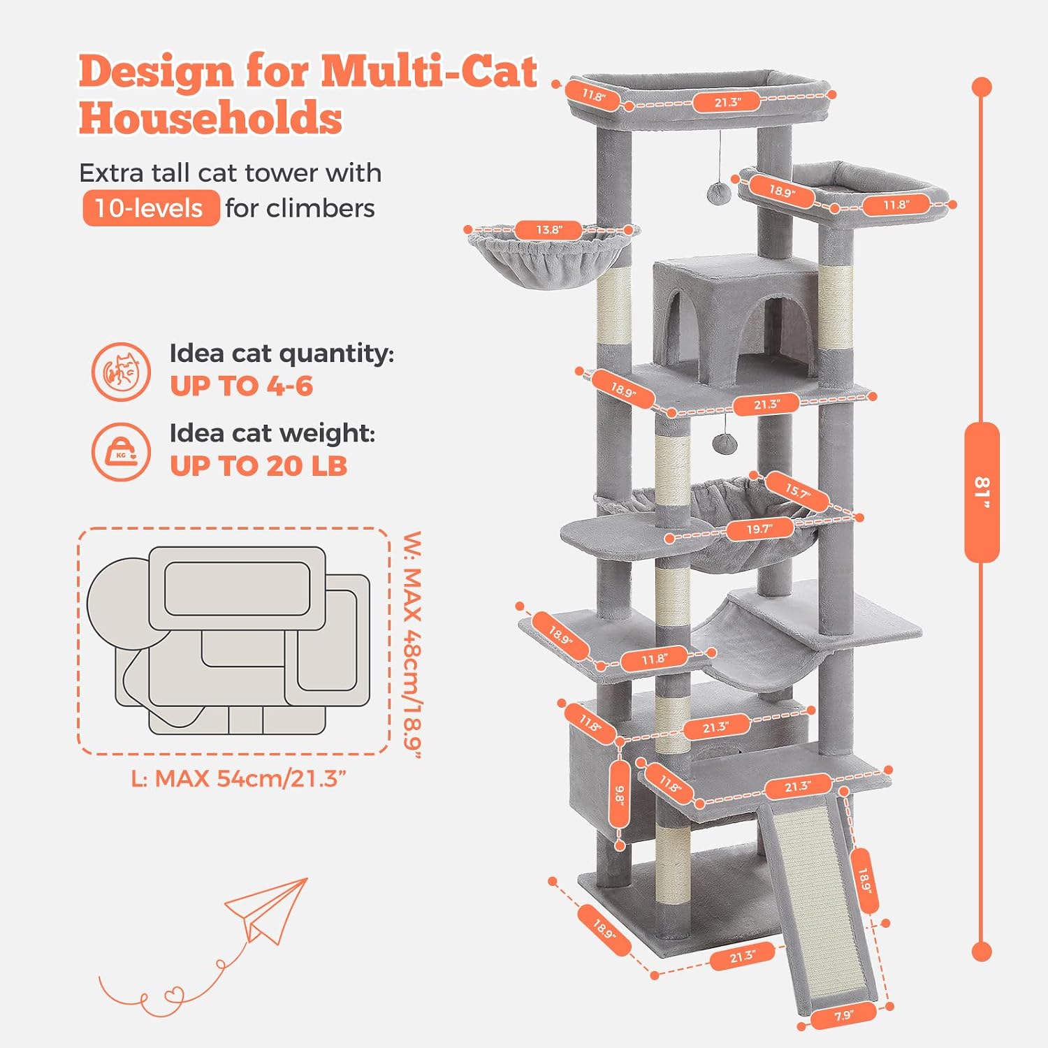 81 Inches Tall Cat Tree for Indoor Cats Large Adult - Multi-Level Cat Tower with Large Metal Frame Hammock, 2-in-1 Scratching Ramp, 2 Top Perches, 2 Cozy Condos & 6 Scratching Posts - Grey