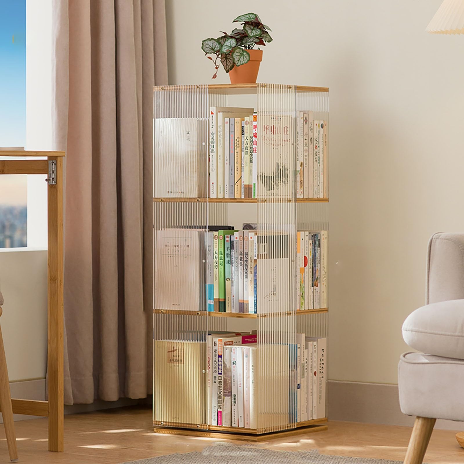 Amazon｜360°回転多層アクリル竹製書架、多層立て360°展示竹製回転書架