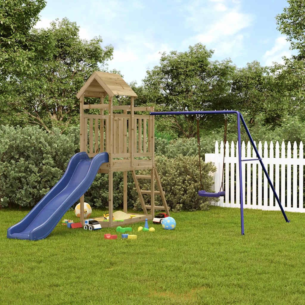 Wieża do zabawy z impregnowanego ciśnieniowo drewna sosnowego ze zjeżdżalnią, huśtawką, drabinką i piaskownicą do ogrodu, platforma 90 cm, 242 x 304 x 214 cm, dla dzieci w wieku od 3 do 8 lat