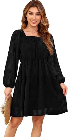 VintageClothing Spring Babydoll Dresses for Women 2024 Casual Square Neck Mini Babydoll Dress A-Line Flowy Short Dress