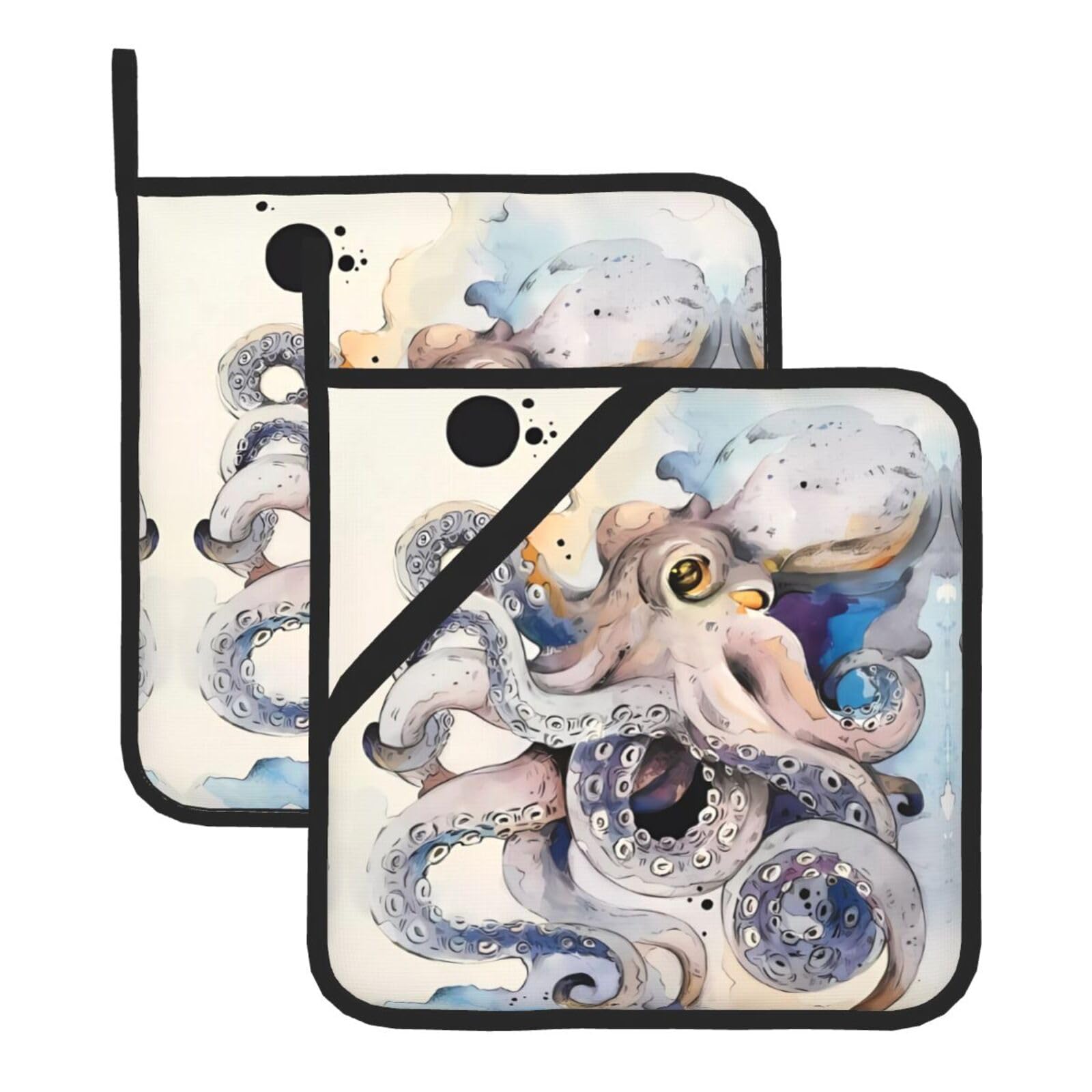 HJFCZH Retro Octopus Prints Square Hot Pads for Kitchen - Waterproof Heat Resistant Potholders, Thick Trivet Covers with Hanging Loops, Oven & Grill Dish Protectors (2-Pack)