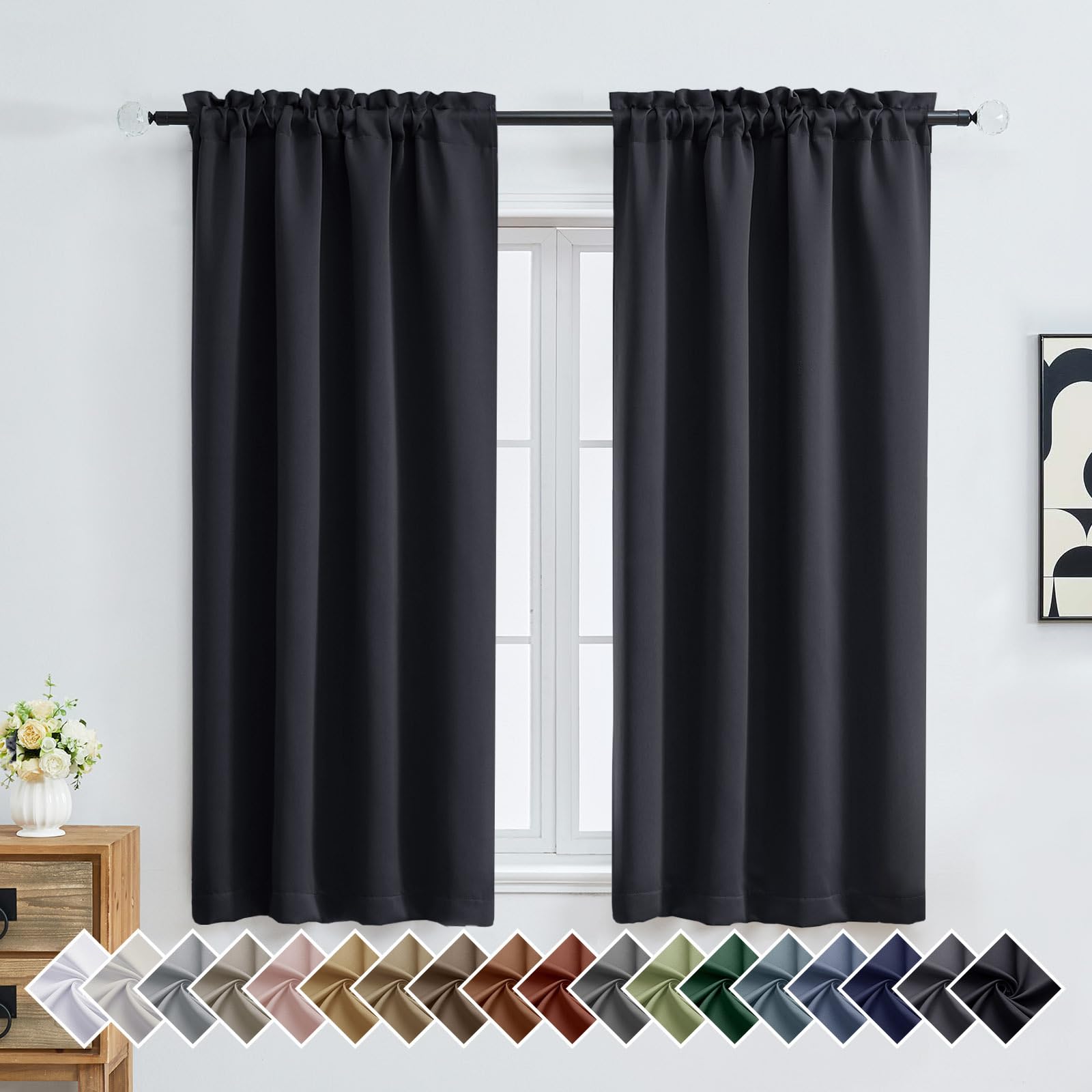 OVZME Black Blackout Curtains for Bedroom 63 Inch Length 2 Panels, Protect Privacy Thermal Insulated Solid Curtains for Bedroom, Dual Rod Pocket Window Treatment Blackout Drapes, 2x40Wx63L Inches