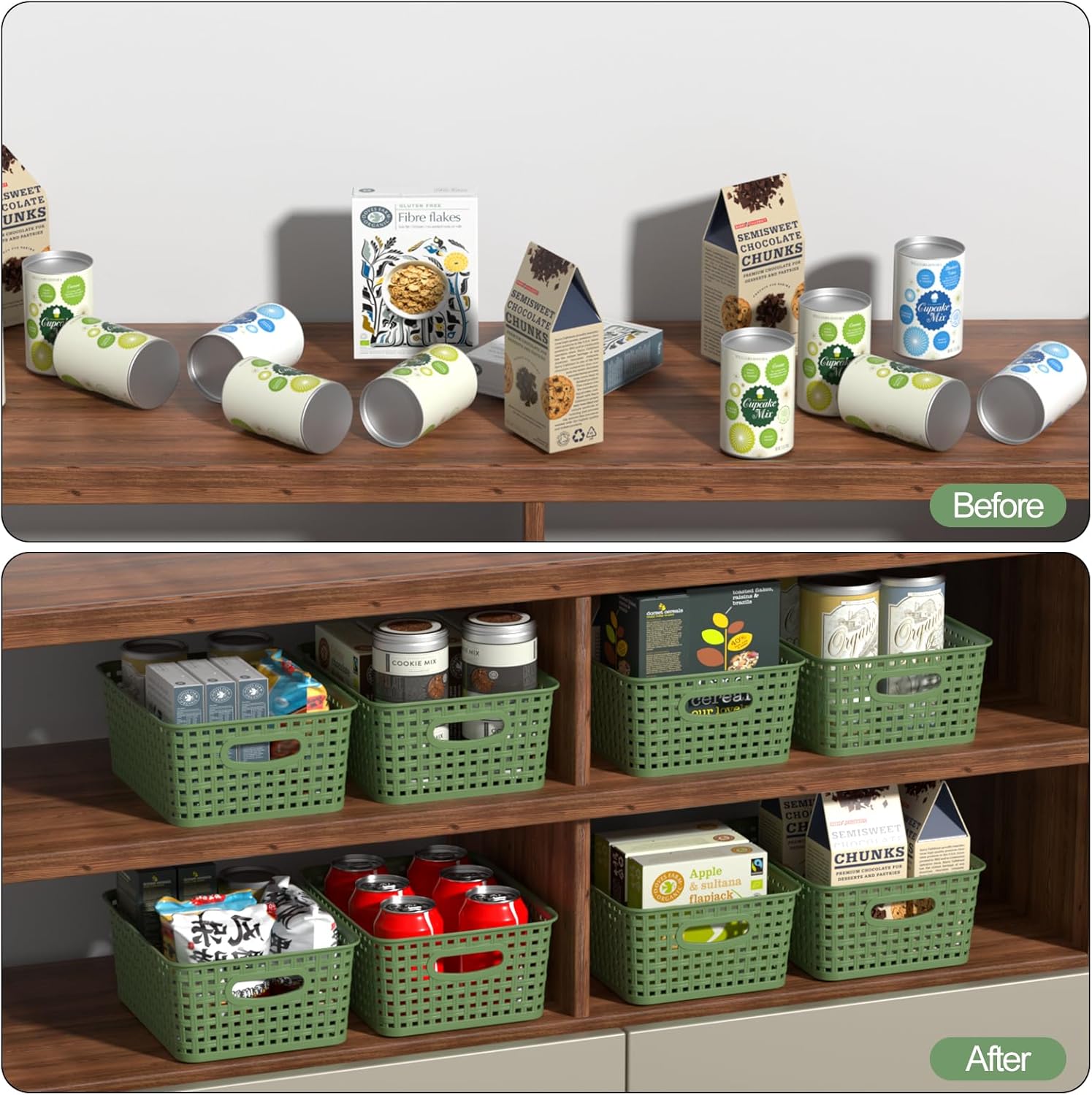 6 Packs Plastic Organizer Shelf Baskets, Desktop Weave Storage Basket, Green Storage Baskets for Cabinet, Pantry