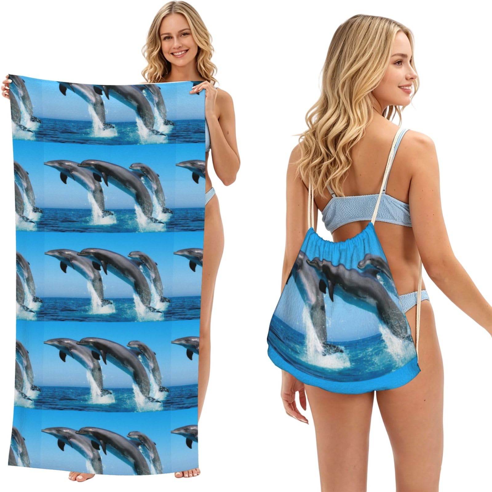 Poadnly As Picture Dolphins Jumping Winter, 2 In 1 Packable Towel Bag, Beach Towels With Drawstring Backpack For Travel Holiday Camping