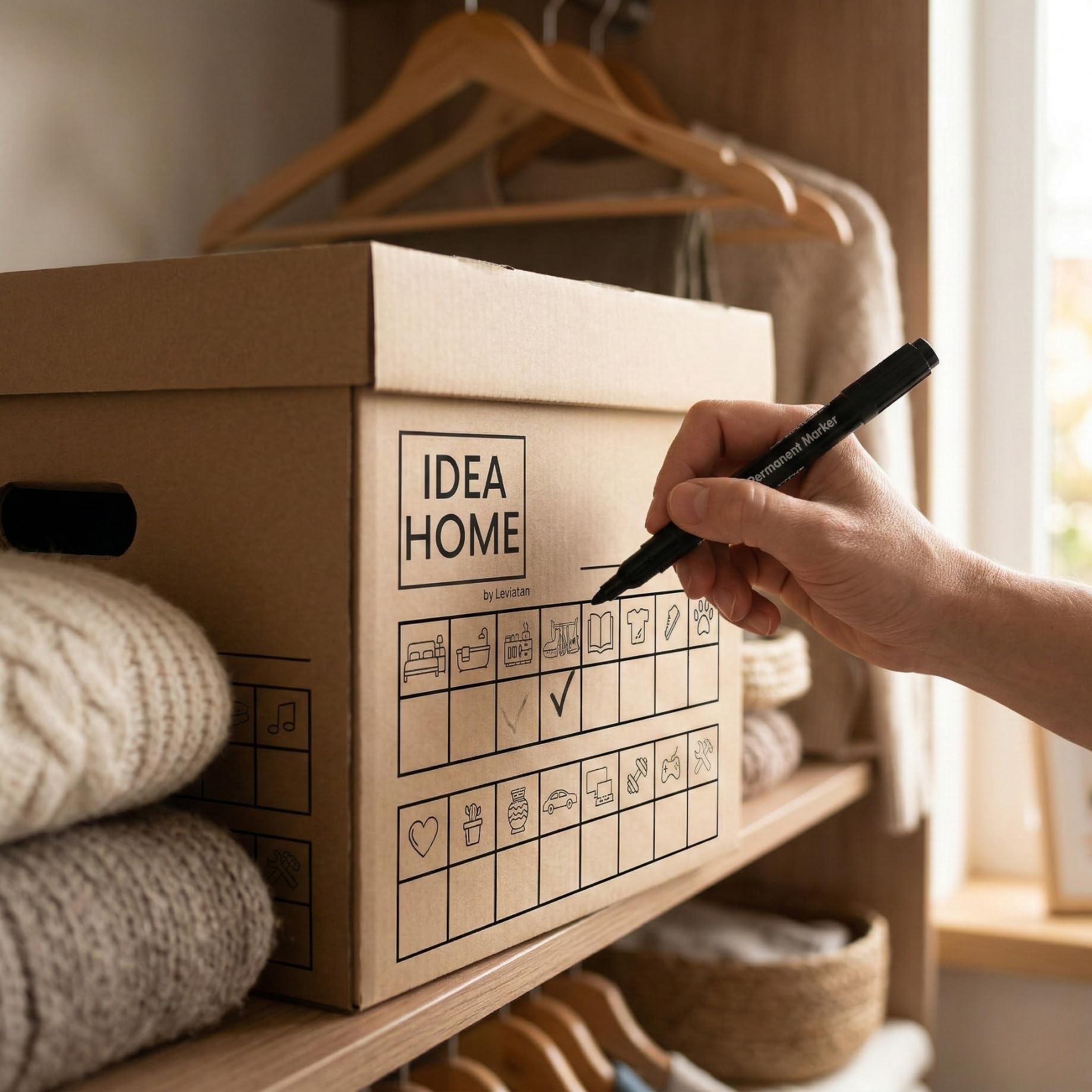 IDEA HOME STOREA Set 12 Scatole Portaoggetti con Coperchio e Manici, Scatole Archivio in Cartone Resistenti Impilabili con Pennarello, Organizer per Casa Ufficio Trasloco