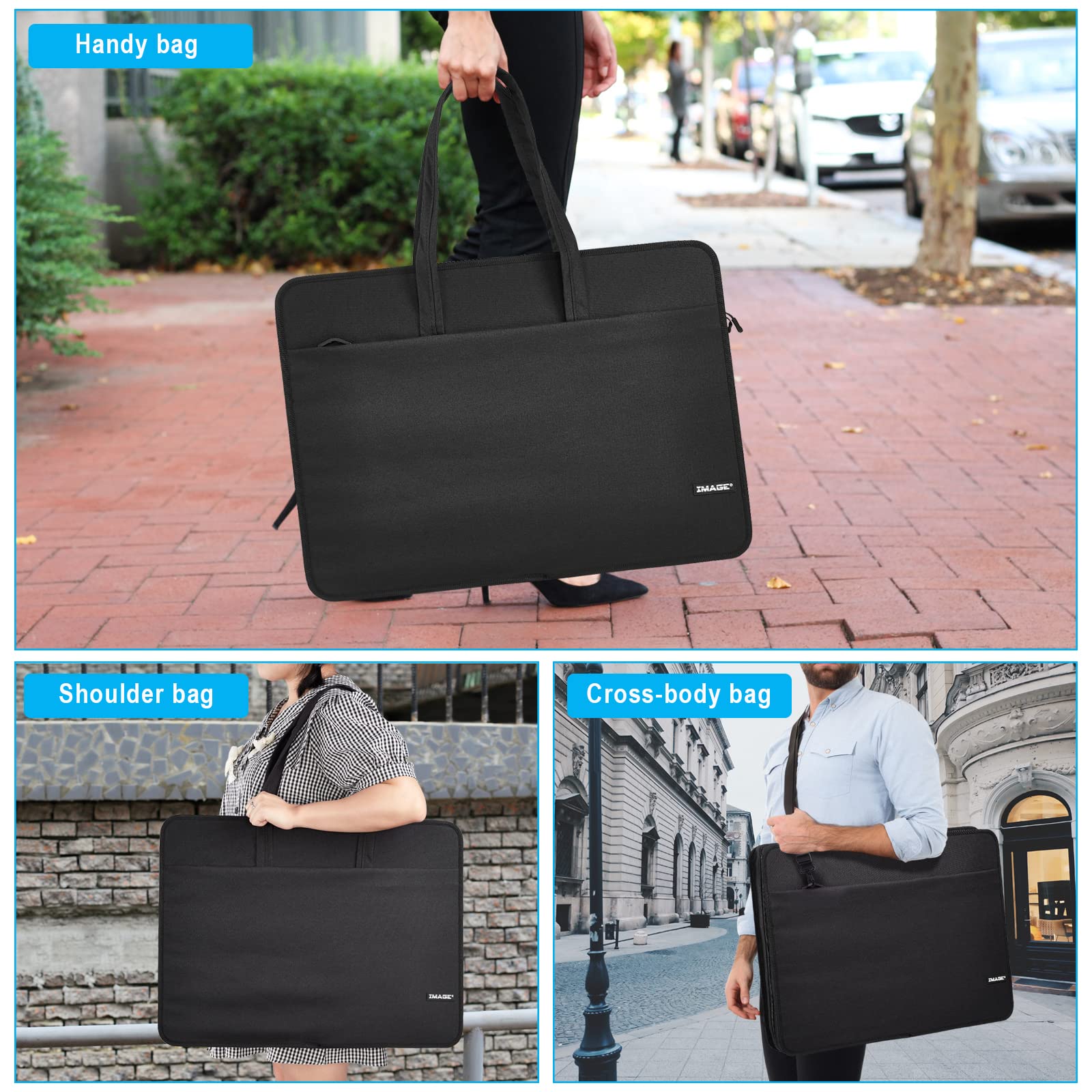 IMAGE Art Portfolio Tasche 23.6 * 17.7 * 3.14 Zoll Kunst Tragespeicher Fall wasserdicht Reißbrett Tasche mit Schultergurt und versteckte Schnalle für Kunstwerk, Skizzieren und Zeichen, Schwarz