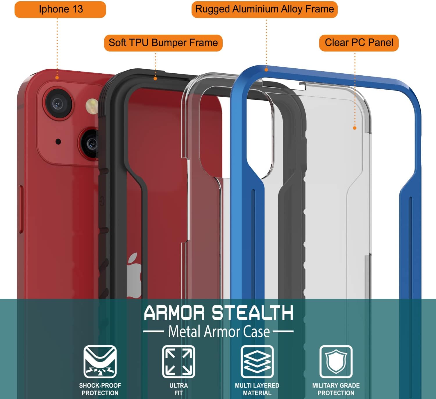 Punkcase Designed for iPhone 13 [Armor Stealth Series] Protective Military Grade Cover W/Aluminum Frame [Clear Back] Ultimate Drop Protection for iPhone 13 (6.1") (2021) (Navy)