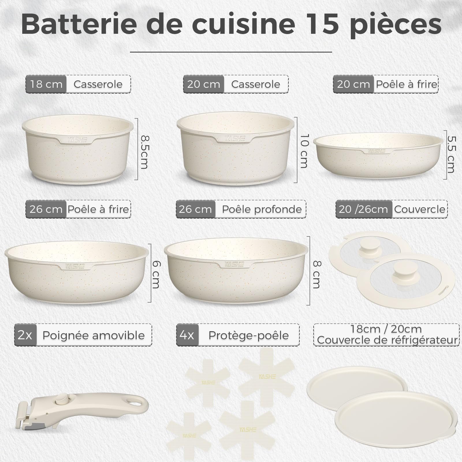 YASHE Batterie de Cuisine 15 Pièces, Poêles et Casseroles avec Revêtement Antiadhésif Effet Granit, Poignées Amovibles, Empilable, Facile à Nettoyer, Compatible Induction, Gaz et Vitrocéramique