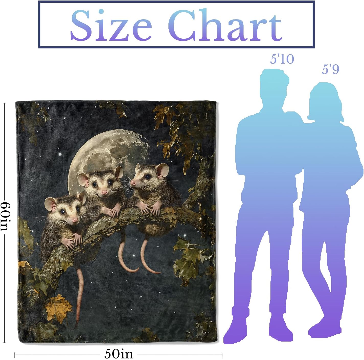 Moonlight Opossum Flannel Throw Blanket 50x60 Inch, Possum on Tree Branch with Full Moon Blankets Soft Cozy Fleece Throws for Animal Lover Bed Sofa Dorm Living Room Home Decor Gifts - Image 2