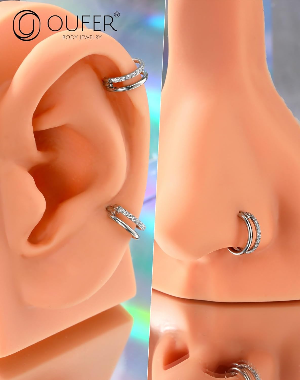 OUFER 20G/16G Nose Rings Hoop, Double Hoop Nose Rings For Women, 316L Surgical Steel Helix Earrings, Hinged Segment Clicker Nose Piercing Jewelry, Nose Hoops, Cartilage Helix Piercing Jewelry-8mm - Image 7