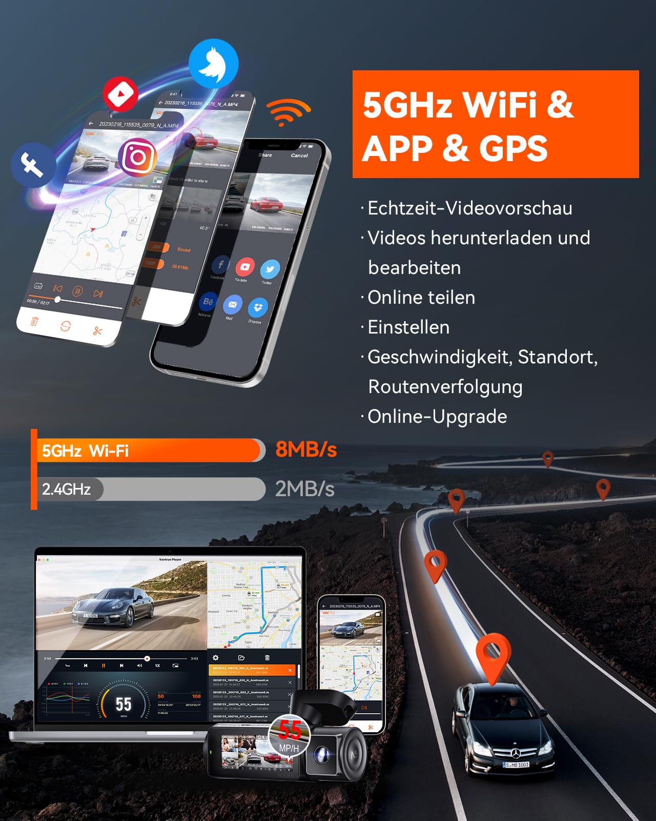 VANTRUE N5 4-Kanal 2.7K STARVIS 2 Dashcam Auto 1944P+ 3 Lens 1080P, 5.8GHz WiFi, IMX675 HDR Nachtsicht, 24H Parkmodus, Sprachbefehle, Max 1TB