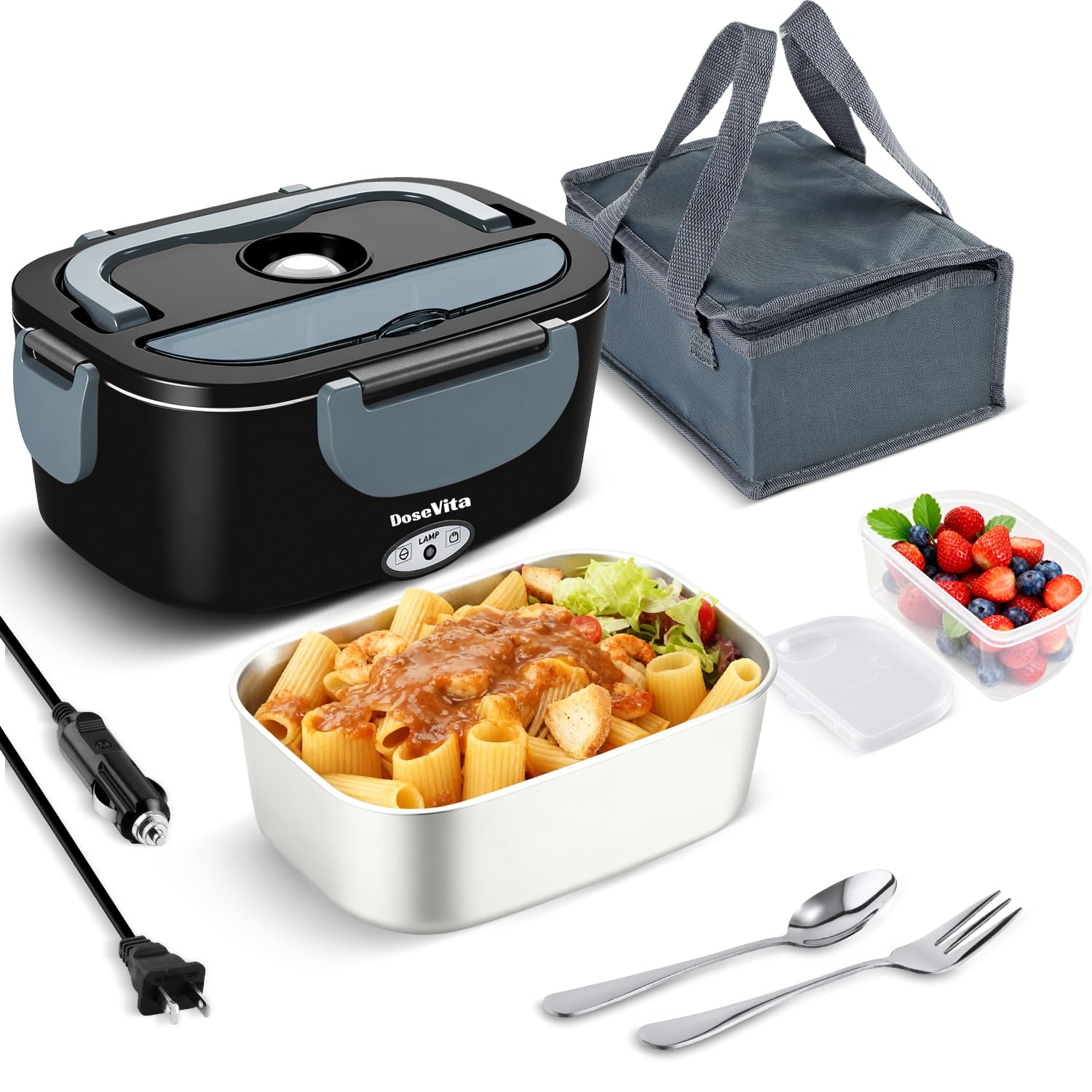 Electric Lunch Box for Adults, 80W Heated Lunch Box, 1.5L Stainless Steel Container | 12V/24V (Car/Truck) & 110V (Office/Home) | with Fork&Spoon and Insulated Carry Bag