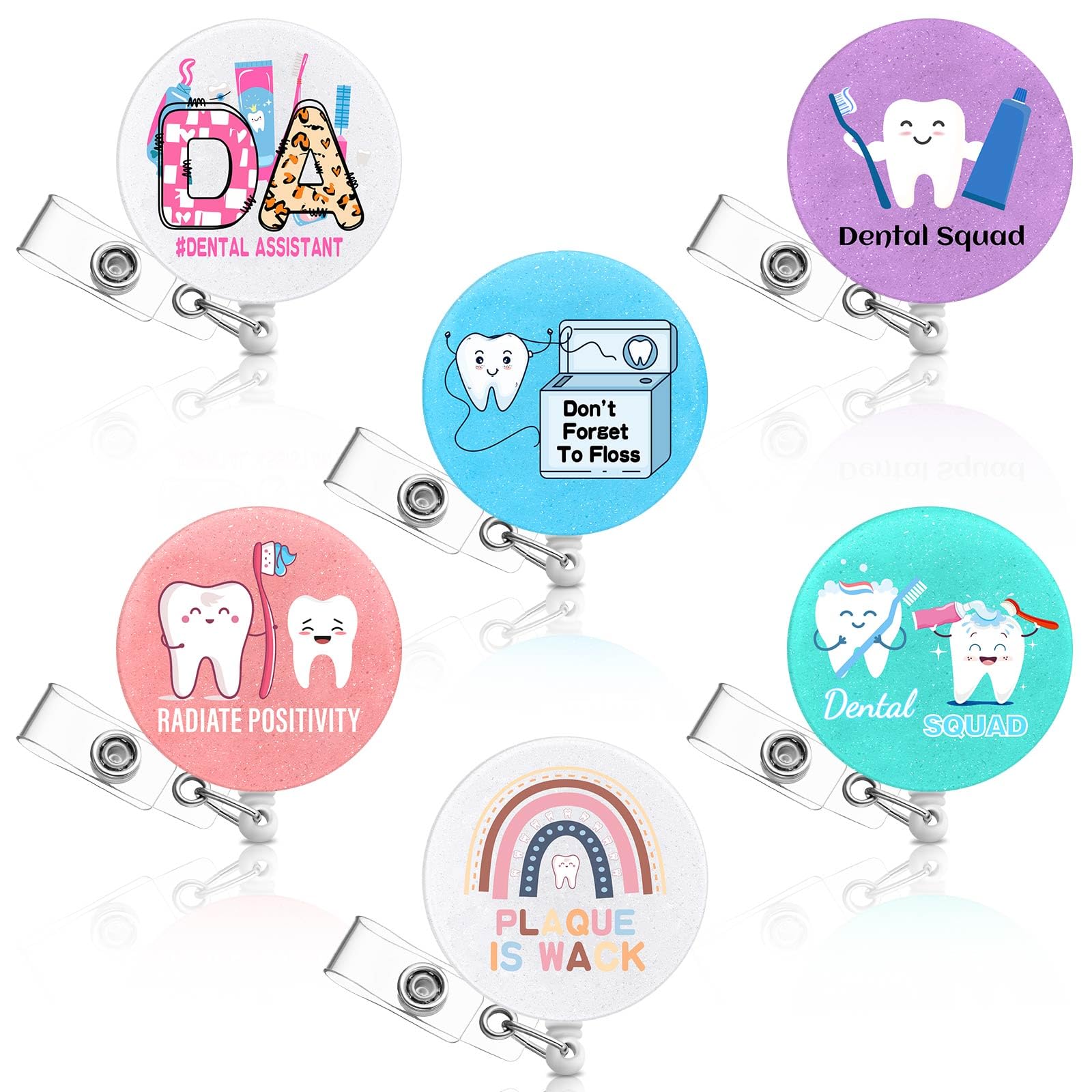 Hoteam 6 Pcs Dental Badge Reels Dental Assistant Week Gifts Teeth Retractable ID Badge Holders with Alligator Clip Healthcare Appreciation Gifts for Dentist Hygienist Doctor Nurse Graduation