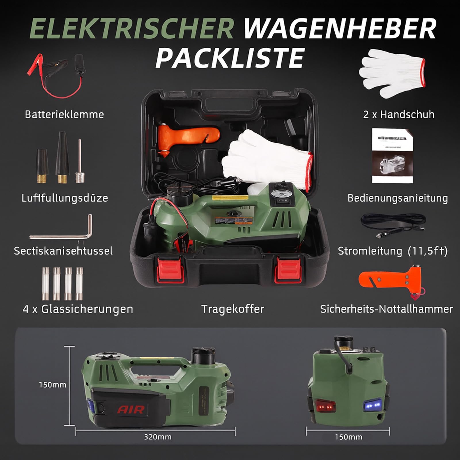 ROGTZ 5 Tonnen Hydraulischer Wagenheber – 4-in-1 Multifunktionales Pannenhilfe-Set mit integrierter Luftpumpe, LED-Licht und Reifenreparatur-Werkzeug für Auto, SUV, LKW