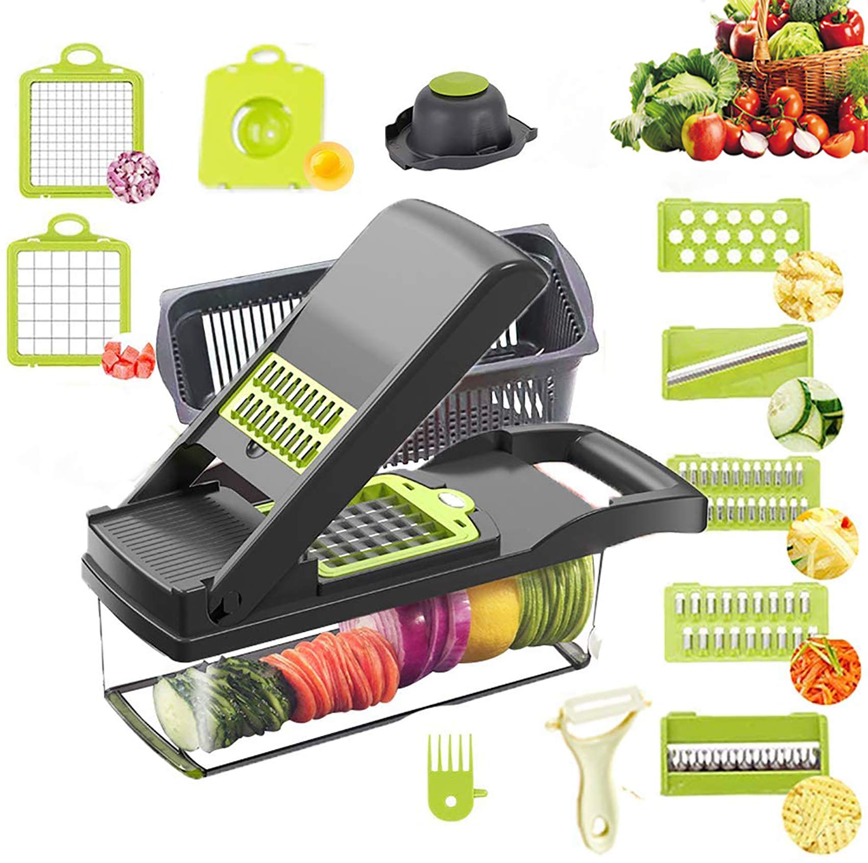 Vegetable Chopper Mandoline Slicer Cutter Chopper and Grater, Adjustable Chopper Vegetable Cutter Onion Potato Chip French Fry Julienne Slicer 12 in 1 (Dark Gray)