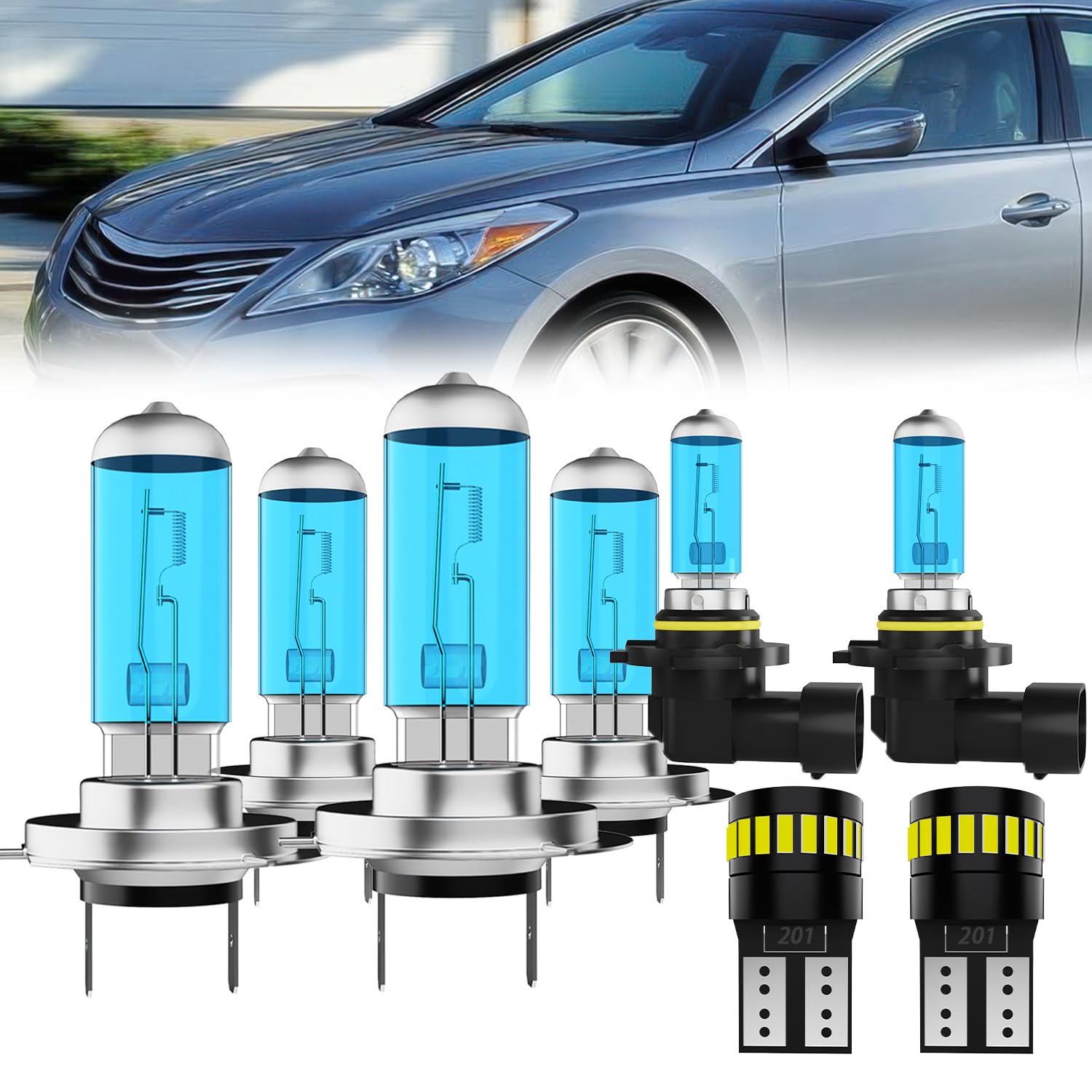 Headlight Bulbs License Plate Lights Fit For Hyundai Azera 2015-2017, H7 High Beam + H7 Low Beam + 9006 Fog Lights Halogen Bulb + License Plate Lights, Pack of 8