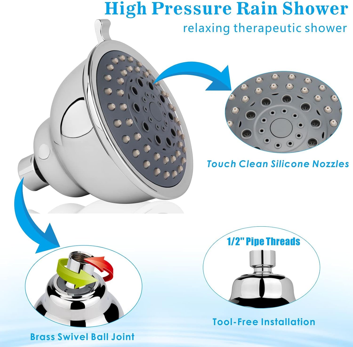 High Pressure Shower Head with Shower Arm - Voolan 5 Function Rain Shower Head - Comfortable Shower Experience Even at Low Water Flow - Chrome