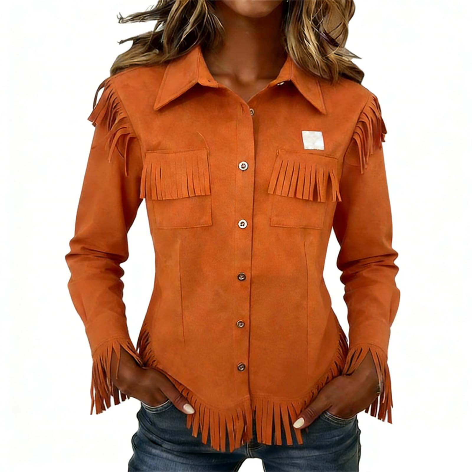 HUIFUAO Lace Western Crop Tops for Women Long Sleeve V Neck Fringe Shirts Sexy Cowgirl Outfits Tassel Blouse Fashion 70s Hippie Clothes Novelty Funny Festival Party Costumes (Z05-Orange, XL)